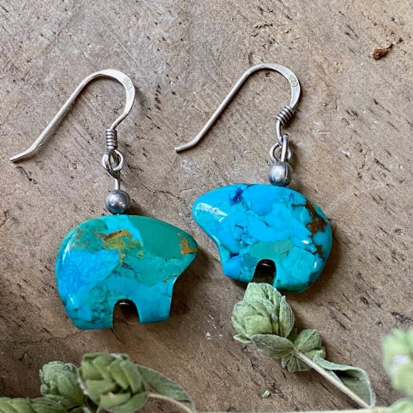 Vintage Hand-Carved Turquoise Zuni Bear Earrings in Sterling Silver - Authentic Native American Jewelry for Women, Perfect for Boho & Southwest Style Outfits