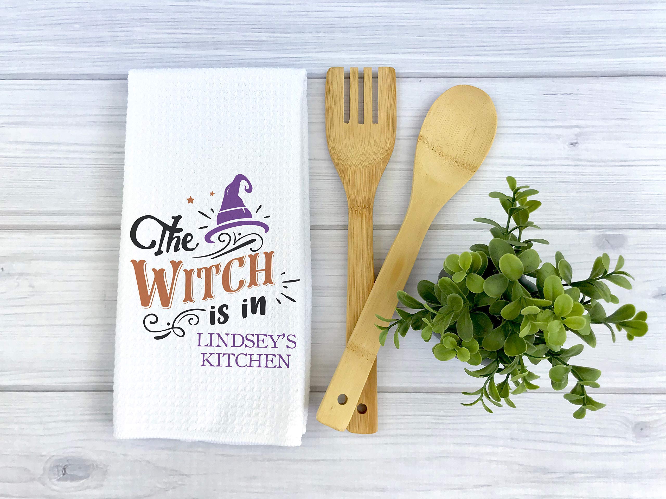 Custom Halloween Waffle Weave Dish Towel - Personalized Kitchen Towel with 'The Witch Is In' Design for Spooky Decor | Perfect for Halloween Kitchen Decor, Hostess Gifts & Holiday Home Decorating