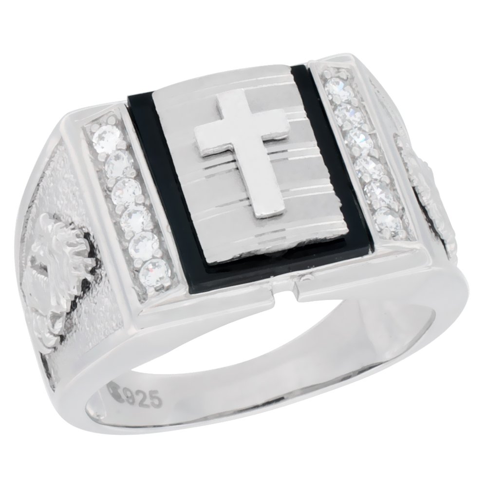 Men's Sterling Silver Rectangular Cross Ring with Dragon & Cubic Zirconia Side Accents - 19/32 Inch Wide - Gothic Jewelry for Men, Punk Fashion Accessory, Gift for Boyfriend/Husband