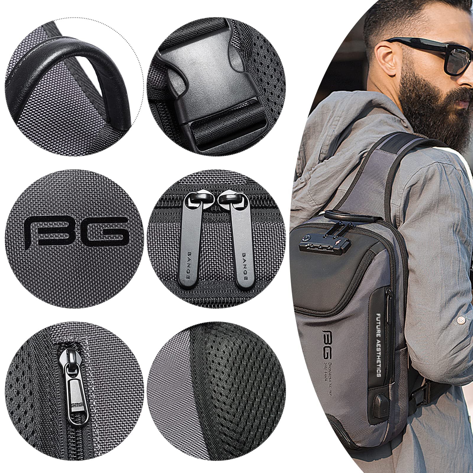 iubest Anti Theft Sling Bag for Men - USB Charging Port & TSA Lock Waterproof Crossbody Backpack - Lightweight Casual Daypack for Travel, Work, Gym & Outdoor Activities (Grey)
