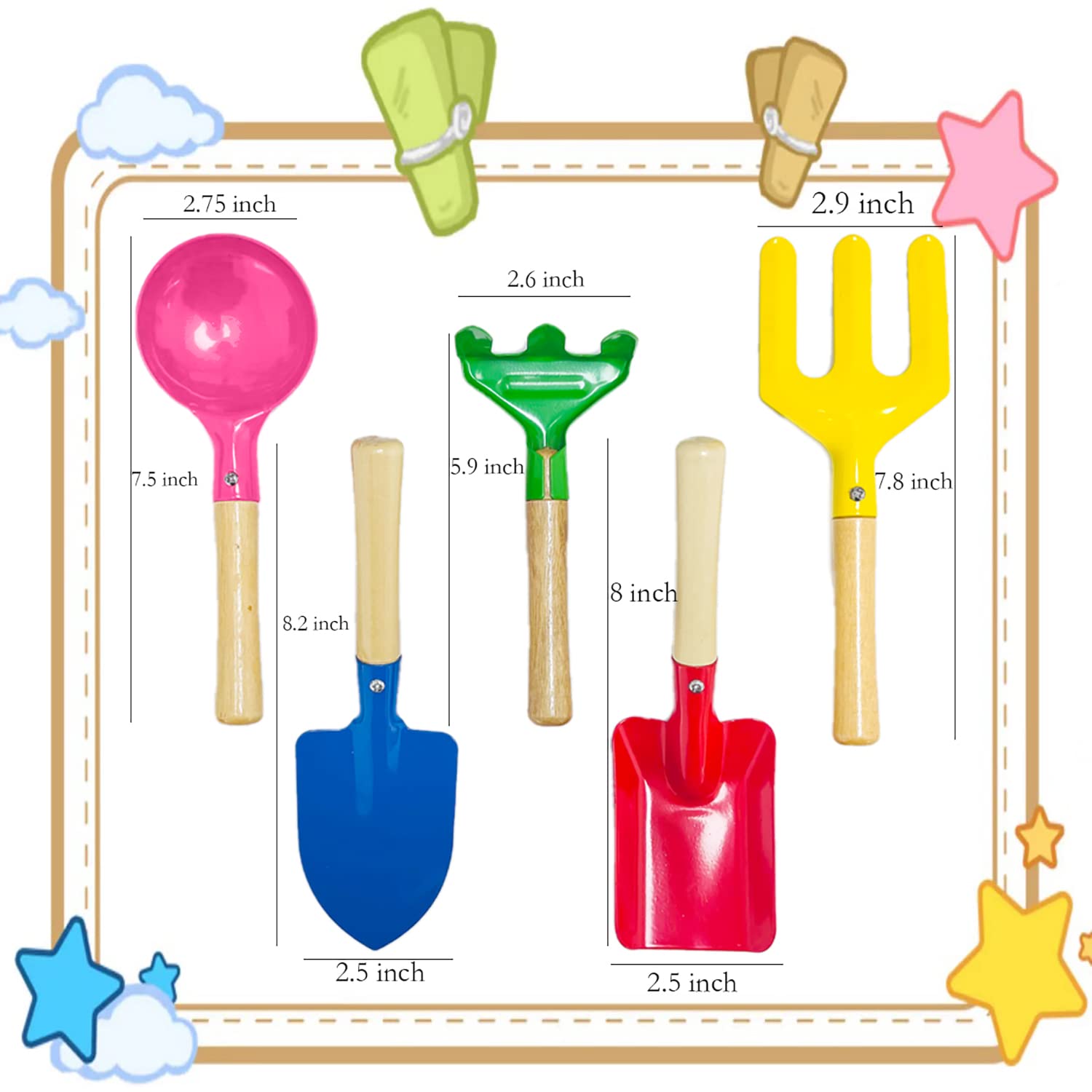 5PCS Kids Gardening Tools Set with Metal Head & Sturdy Wooden Handle - Safe Children's Garden Kit (8 Inch) for Outdoor Planting, Beach Sandbox Play & Educational Activities