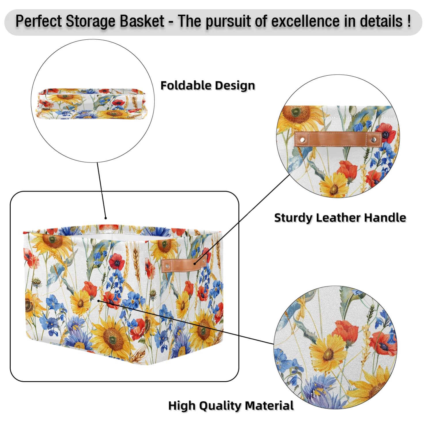 Large Decorative Storage Baskets with Handles - 2 Pack Collapsible Fabric Bins for Shelves & Closet Organizing | Perfect for Clothes, Toys & Home Organization | Spring Sunflower Poppy Wheat Design