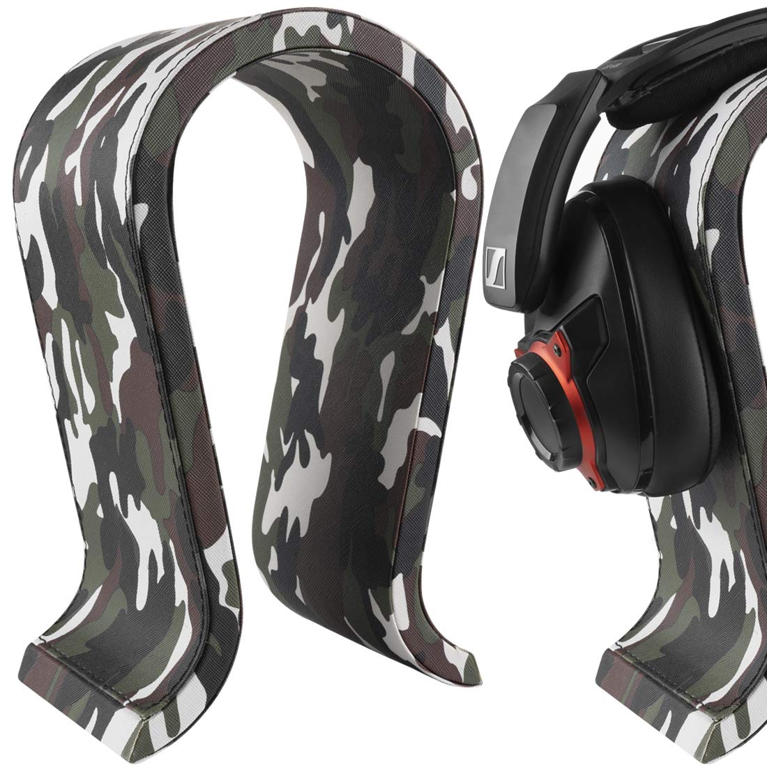 Geekria Vegan Leather & Wooden Omega Headphone Stand - Premium Over-Ear Headphones Holder, Gaming Headset Display Stand for Desk - Compatible with JBL, HyperX, Razer, Turtle Beach, Sony PS5 (Camo) - Perfect for Home Office, Gaming Setup & Studio Organization