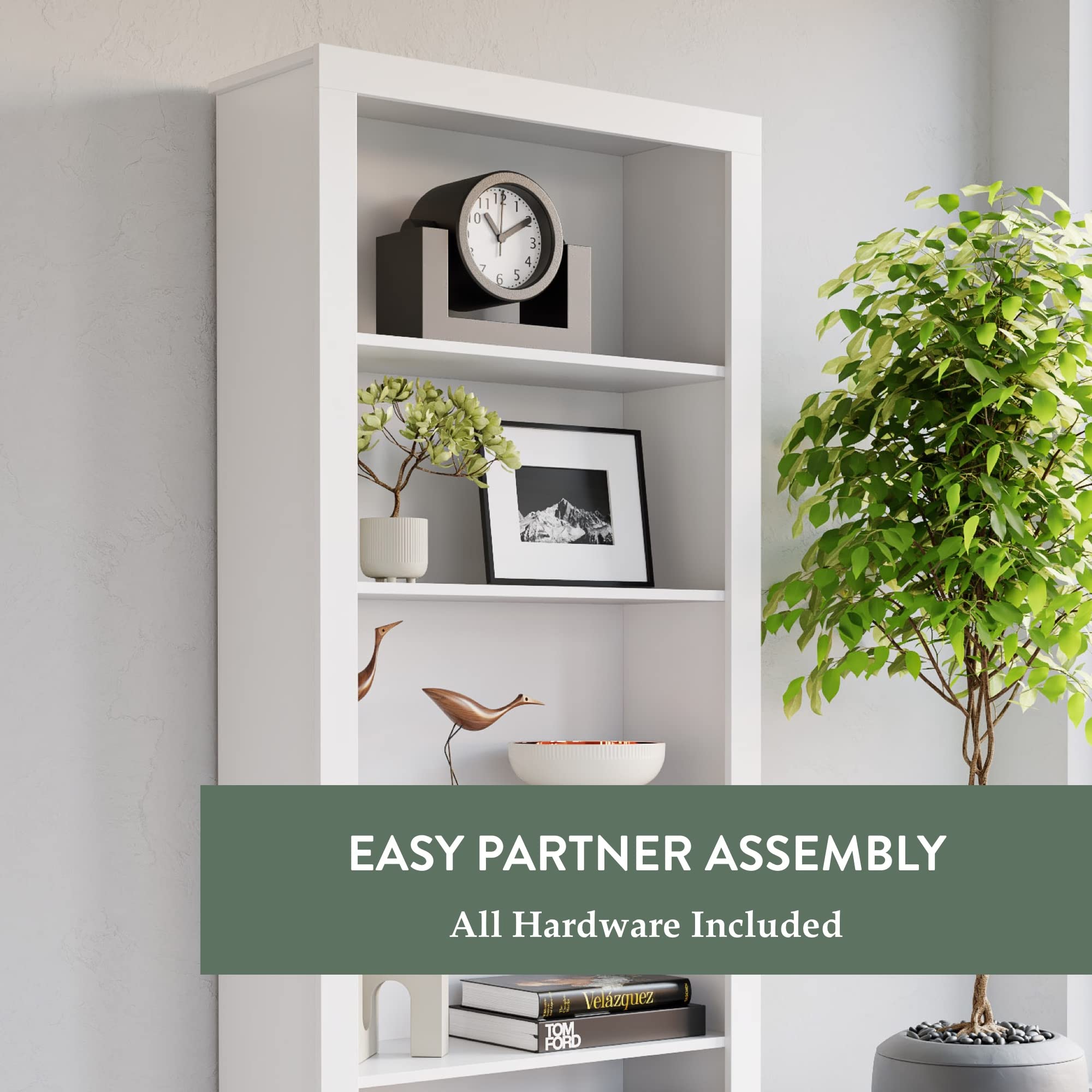 Edenbrook Sumac 5-Shelf Bookcase - White Wooden Bookshelf Organizer (12.8