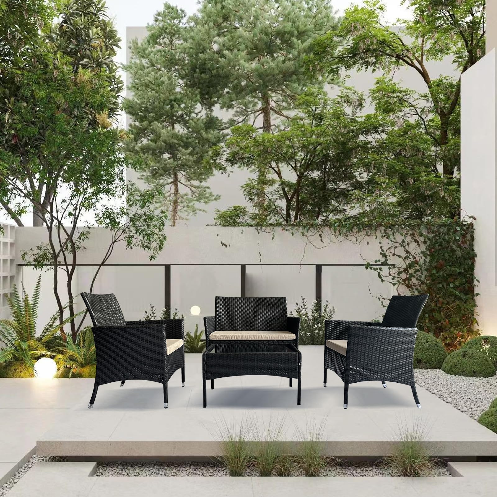 4-Piece Patio Furniture Set - Wicker Sectional Sofa with Armrest, Loveseat, Rattan Side Table & Chairs - Outdoor Conversation Set for Garden, Lawn, Pool or Backyard (Coffee/Beige) | Perfect for Relaxing, Entertaining & Enhancing Your Outdoor Living Space