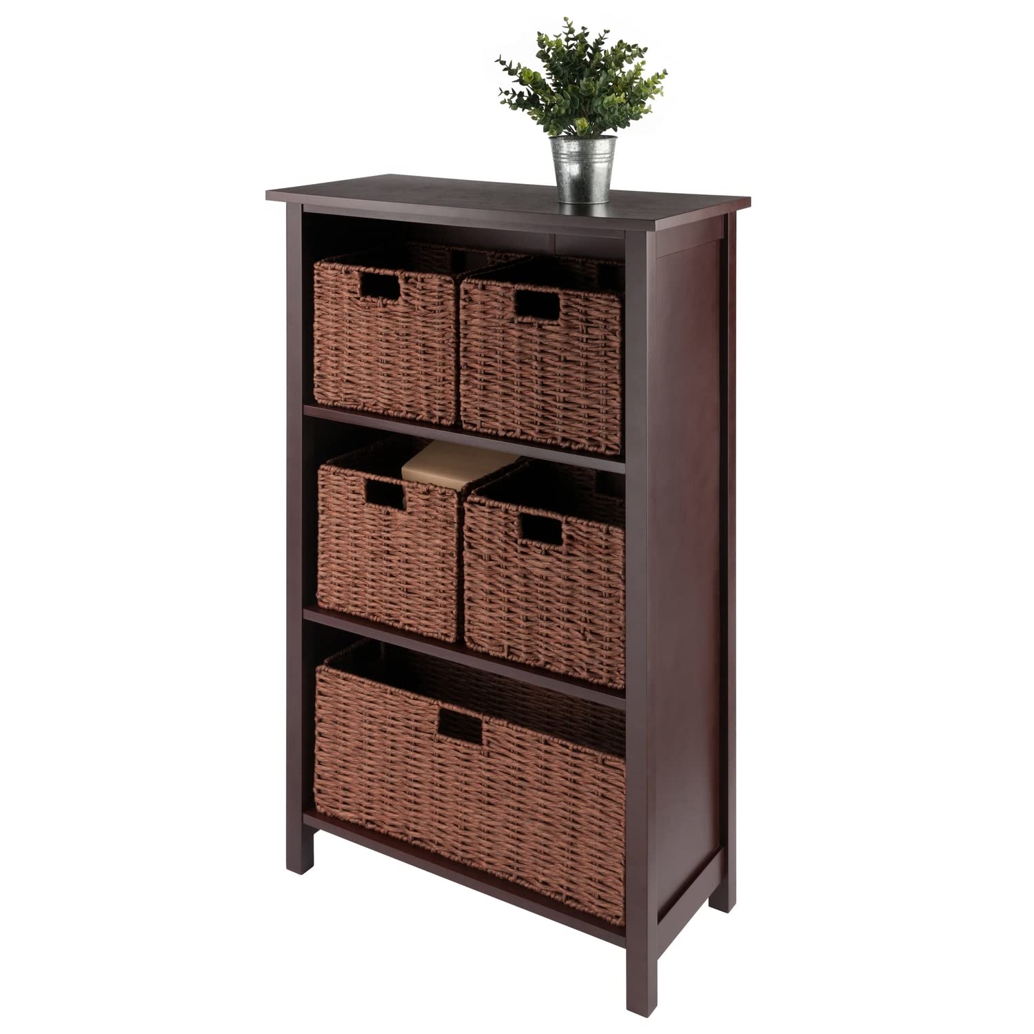 Winsome Wood Milan 6-Piece Storage Shelf with 5 Foldable Woven Baskets - Walnut Finish | Organizer for Bedroom, Bathroom, Living Room & Office | Space-Saving Home Decor