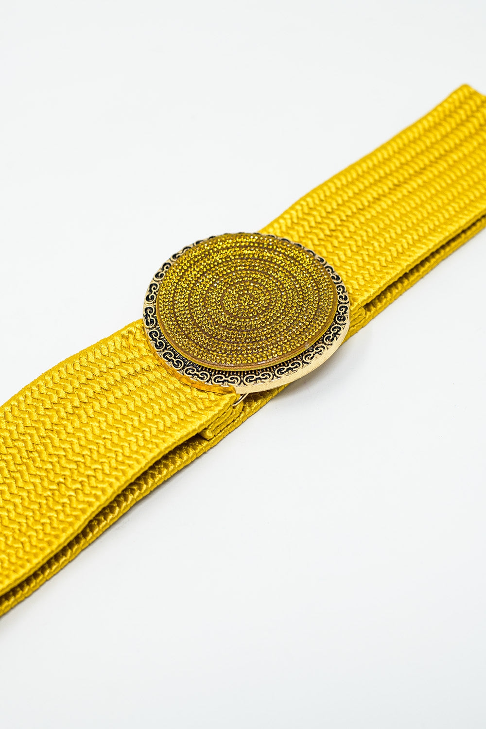 Sparkling Yellow Woven Belt with Round Rhinestone Buckle - Perfect for Casual Outfits, Dresses, and Party Wear