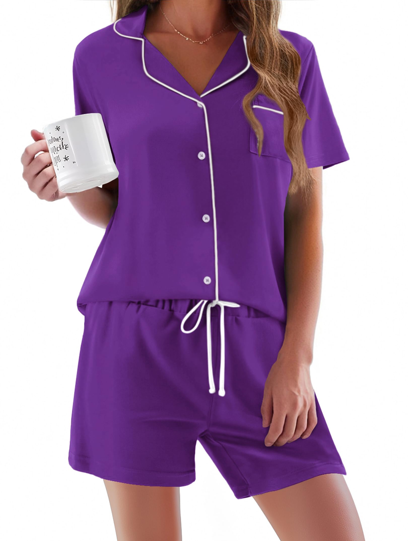 Ekouaer Women's Soft Short Sleeve Pajama Set - Button Down Sleepwear & Lounge Pjs 2-Piece Set for Comfortable Nightwear and Relaxing at Home
