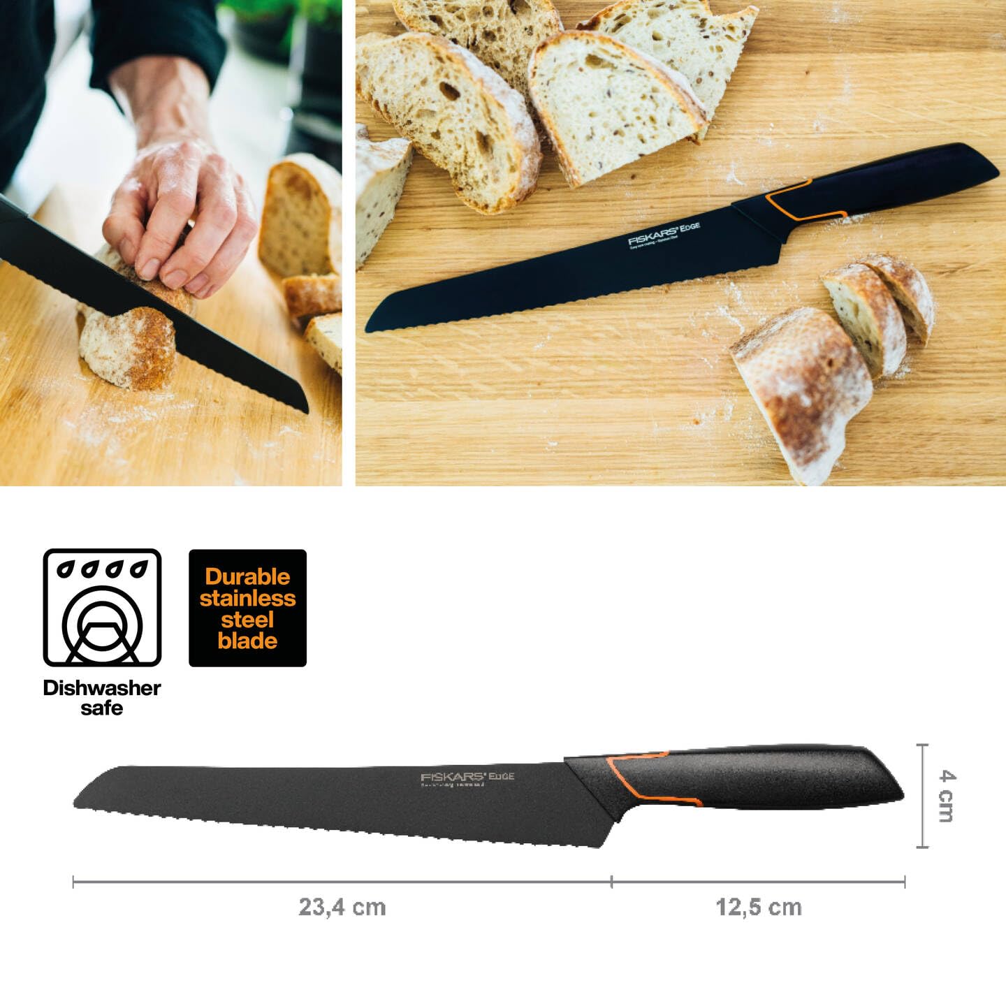 Fiskars 23 cm Edge Bread Knife - High-Quality Black Kitchen Knife for Slicing Bread, Baguettes & Pastries - Perfect for Home Baking, Restaurants & Catering