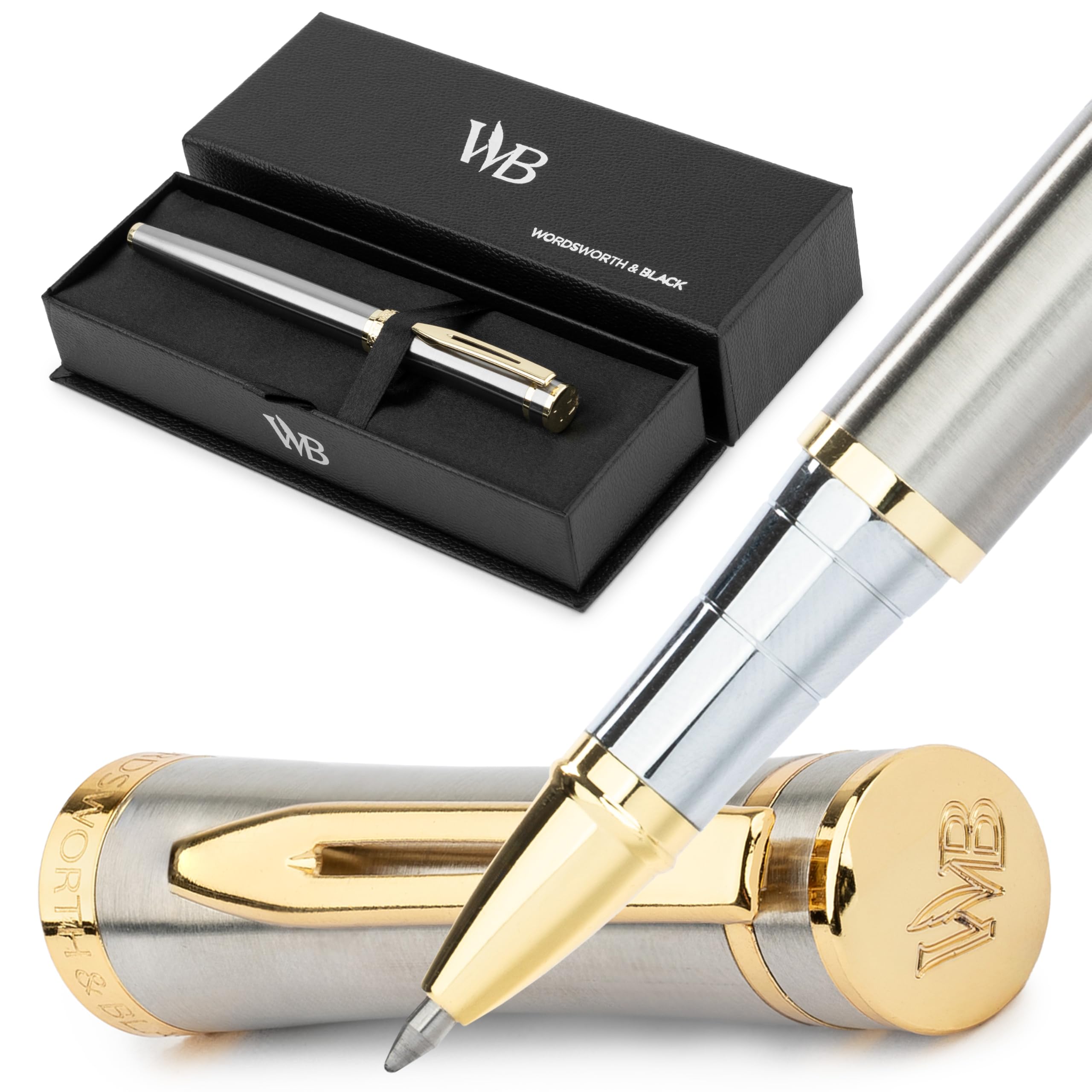 Premium Wordsworth & Black Rollerball Pen - 24K Gold Plated Luxury Writing Instrument with Silver Lacquer Finish, Refillable Ink Cartridge - Elegant Gift for Professionals, Men & Women - Perfect for Office Use, Business Meetings & Signature Documents
