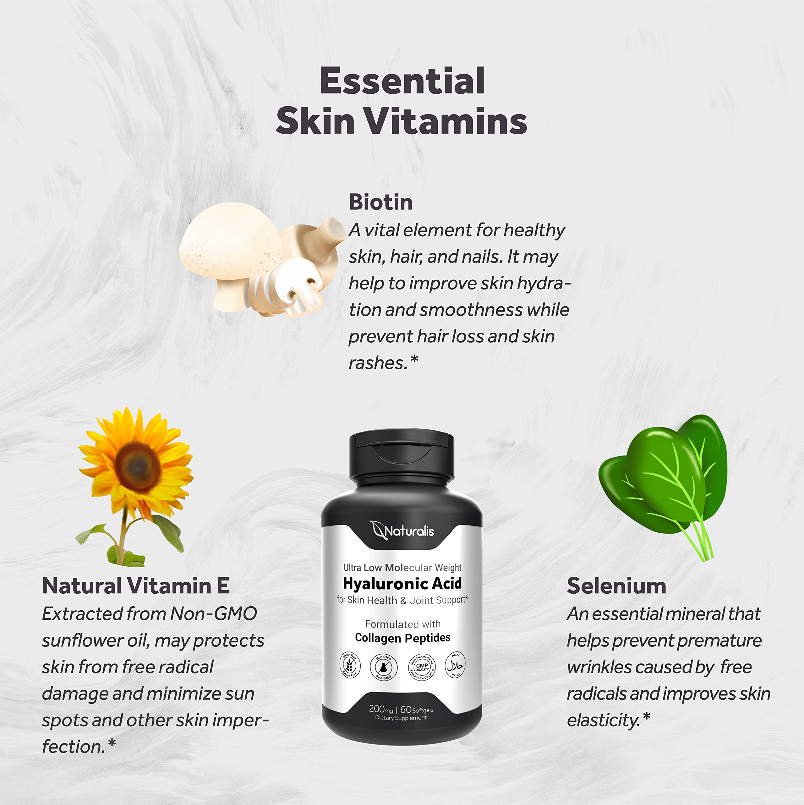 Premium Hyaluronic Acid 200mg with Collagen, Biotin & Vitamin E - Ultra Low Molecular Weight for 10X Better Absorption | Hair, Skin, Nail & Joint Support Supplement | 60 Softgels | Ideal for Anti-Aging & Hydration Boost