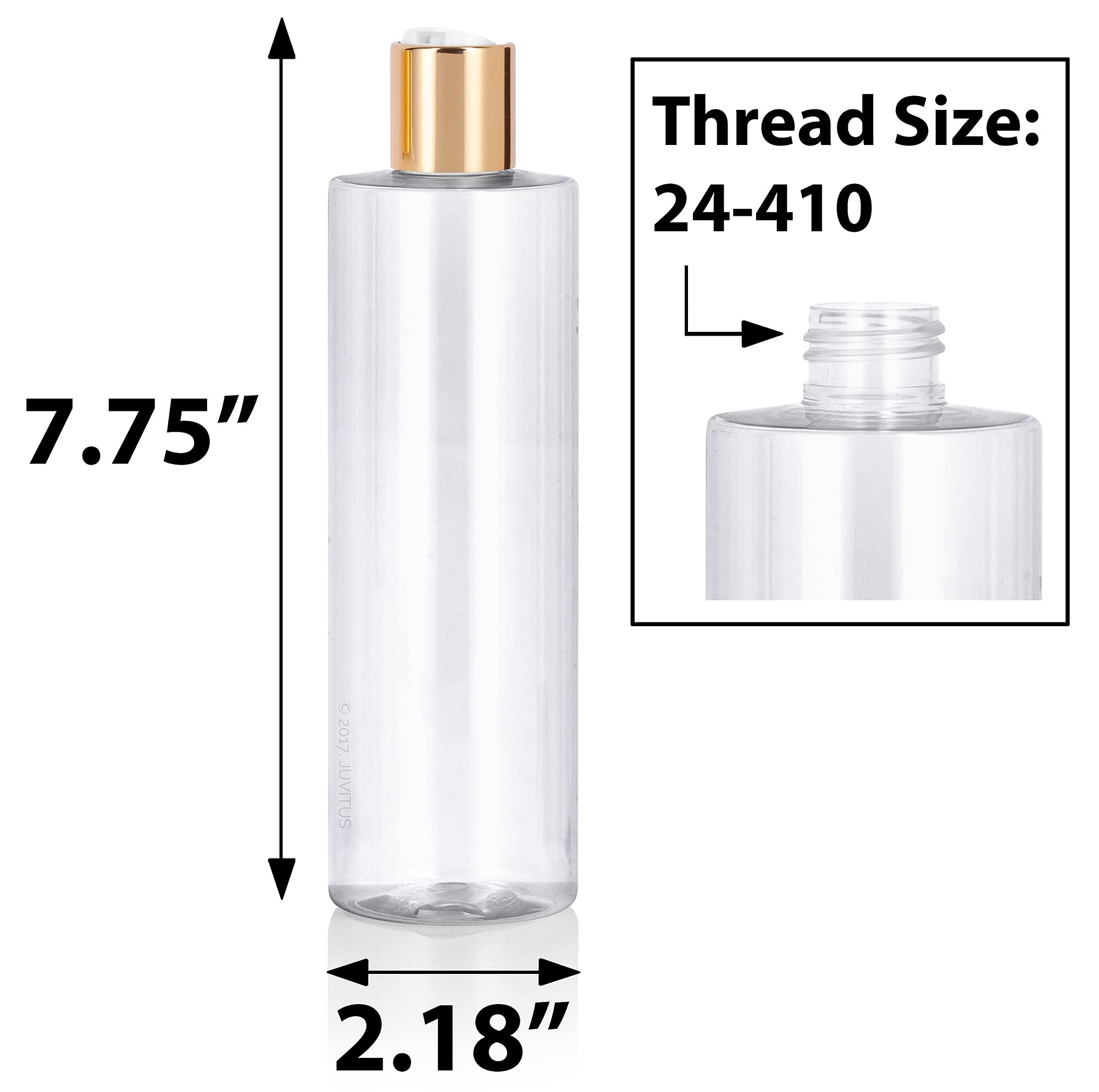 JUVITUS 12 oz Clear PET Plastic Bottles with Gold Disc Cap - BPA Free, 6 Pack - Ideal for DIY Crafts, Essential Oils, Hair Dye & Cosmetic Storage
