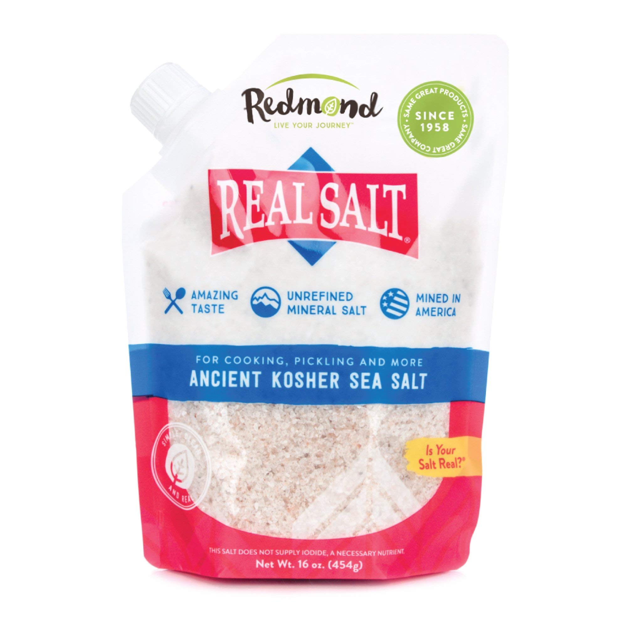 Redmond Real Sea Salt - Natural Unrefined, Gluten Free, Kosher Certified, 16 oz (1 Pack) | Perfect for Cooking, Baking & Seasoning | Healthy Alternative to Processed Salt