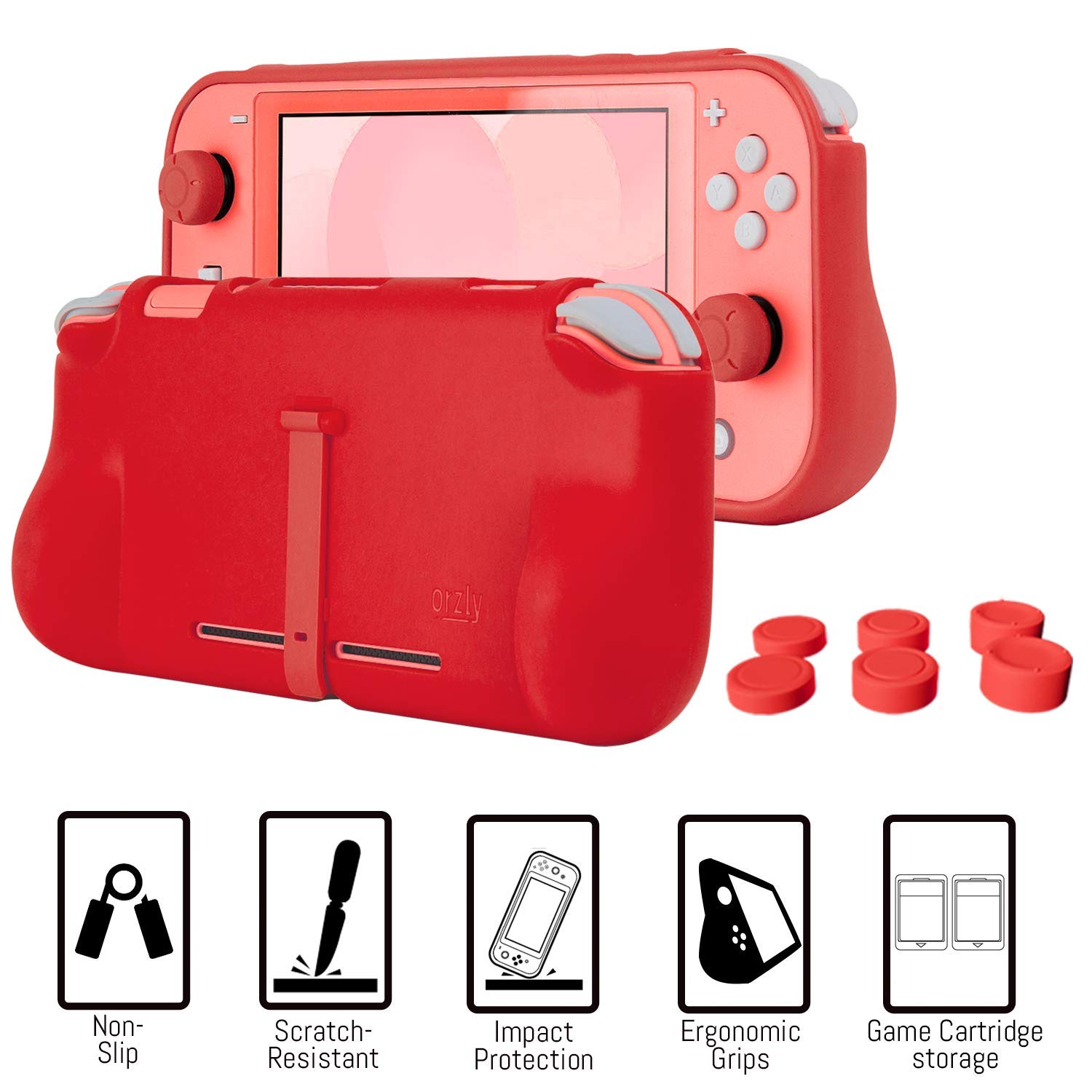 Orzly Switch Lite Accessories Bundle - Protective Case, Tempered Glass Screen Protector, USB Charging Cable, Game Card Holder, Comfort Grip & Thumb Grips for Nintendo Switch Lite (Red) - Perfect for Gaming On-The-Go & Travel Protection