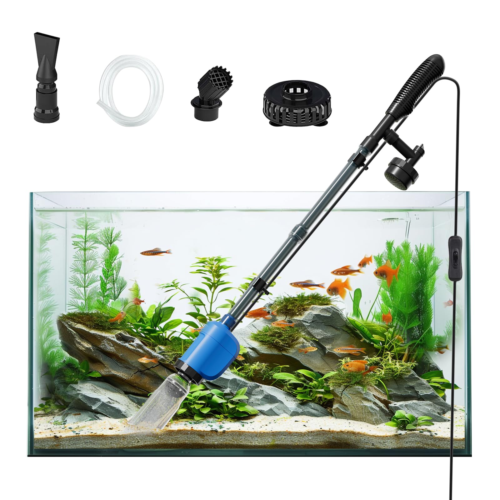 Electric Aquarium Gravel Cleaner - 32W 6-in-1 Multifunctional Automatic Fish Tank Vacuum for Sand Washing & Water Changing | Perfect for Freshwater & Saltwater Tanks, Home & Office Aquarium Maintenance