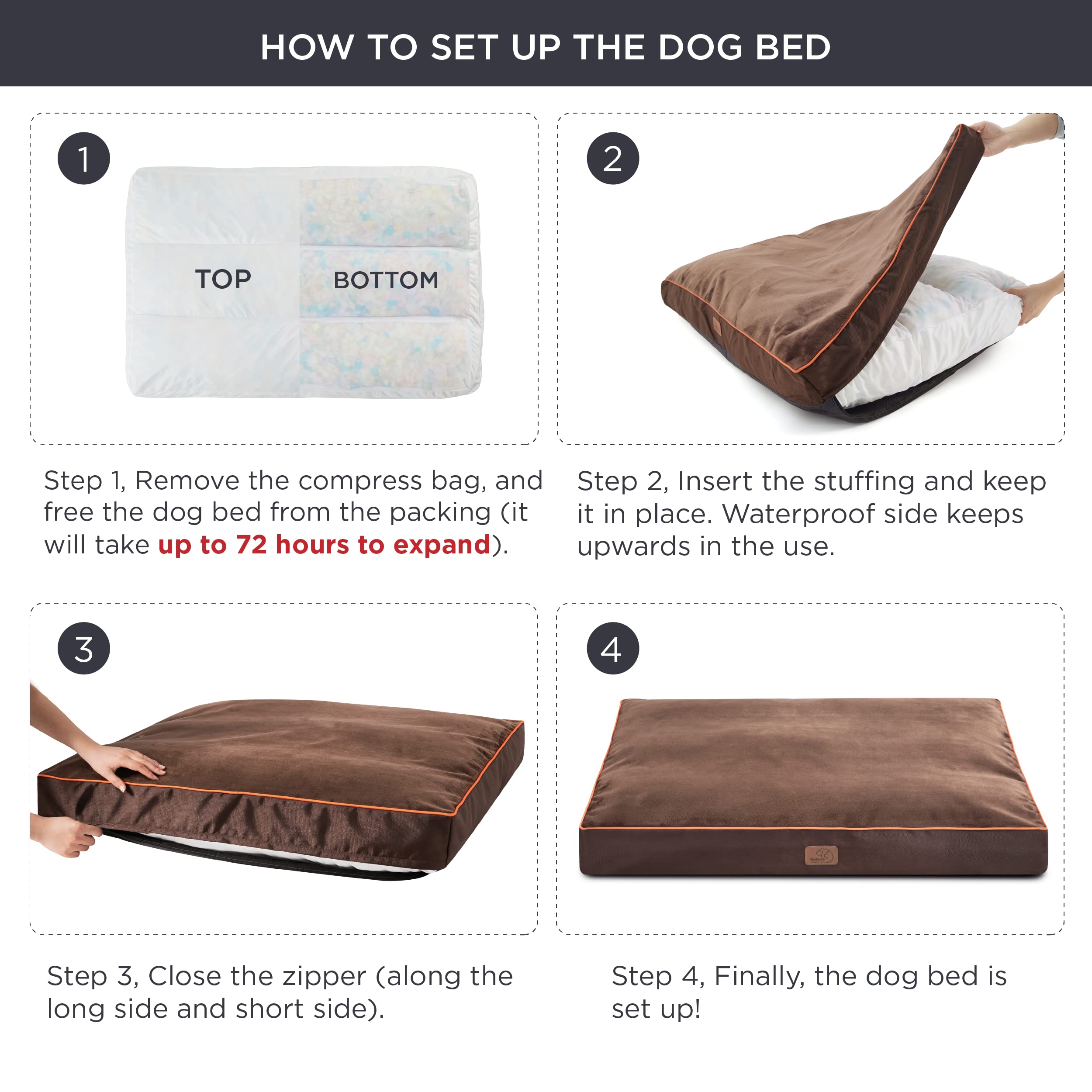 Bedsure Waterproof Dog Bed for Extra Large Dogs - 4 Inch Thick Orthopedic Support for Pets Up to 100lbs, Washable Removable Cover, Brown - Perfect for Crates, Floors & Kennels