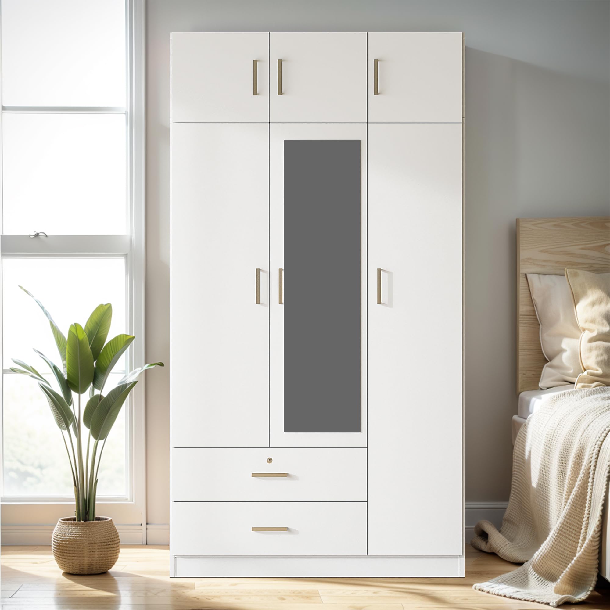 3-Door Freestanding Wardrobe with Mirror, 2 Drawers, 5 Shelves & Hanging Rod - White Storage Cabinet Closet Organizer for Bedroom, Small Spaces (81