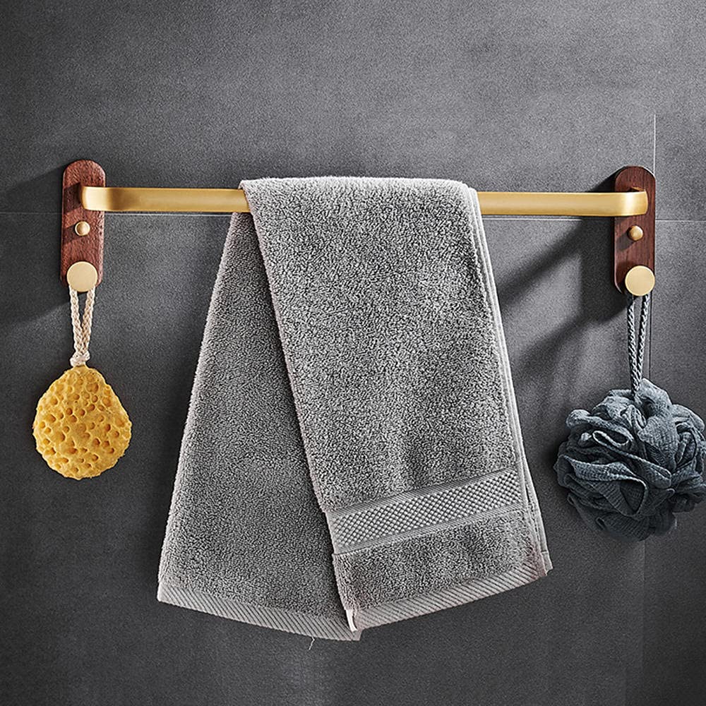 No Drill Wooden Towel Rack - Wall Mounted Bathroom Towel Shelf with Adhesive Hooks & Single Rod (40cm) - Space Saving Storage for Small Bathrooms, Kitchens & Laundry Rooms