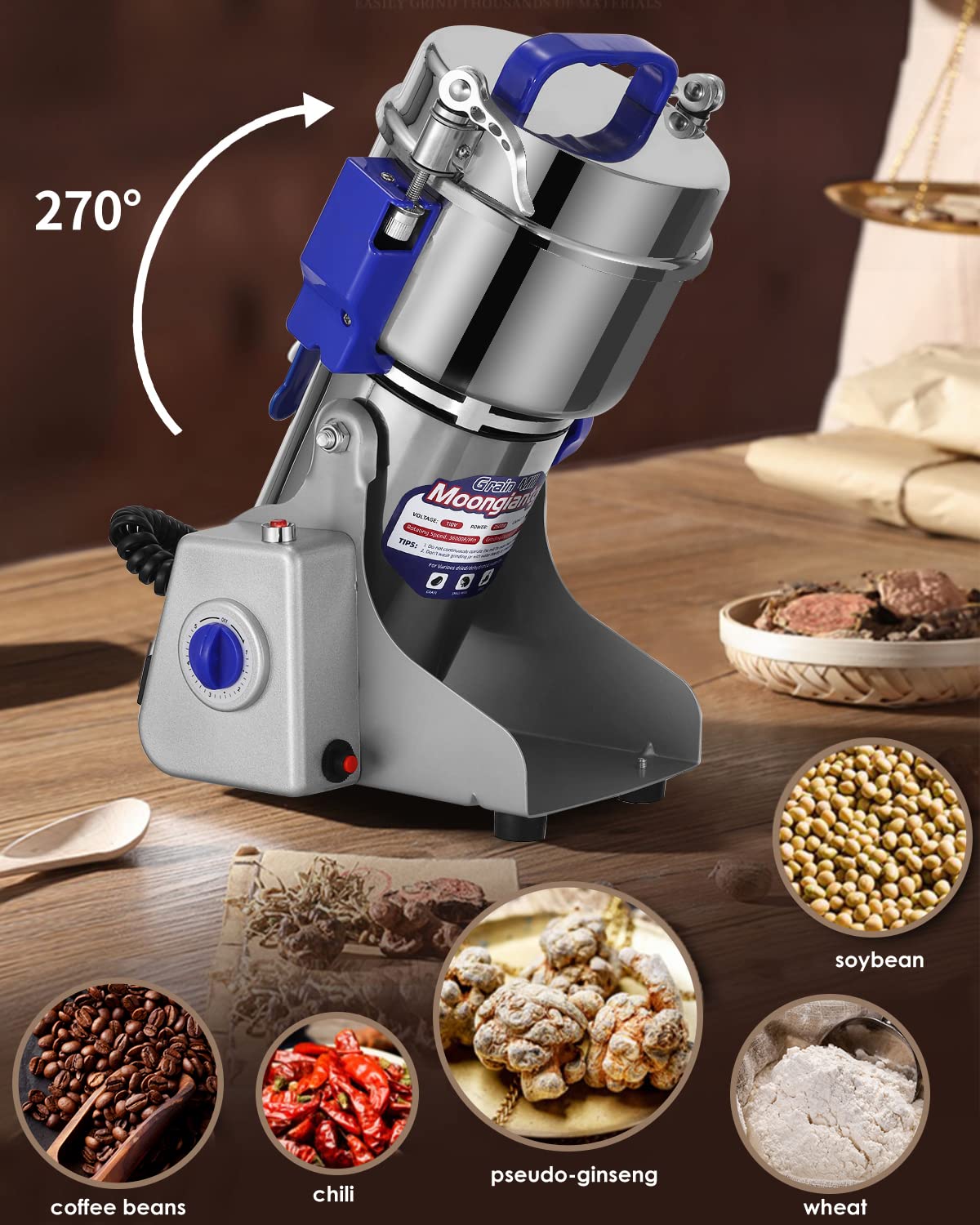 Moongiantgo Electric Grain Grinder Mill - 2 in 1 Swing & Upright Type Dry Food Pulverizer for Spices, Coffee, Nuts - Perfect for Home Kitchen & Commercial Use