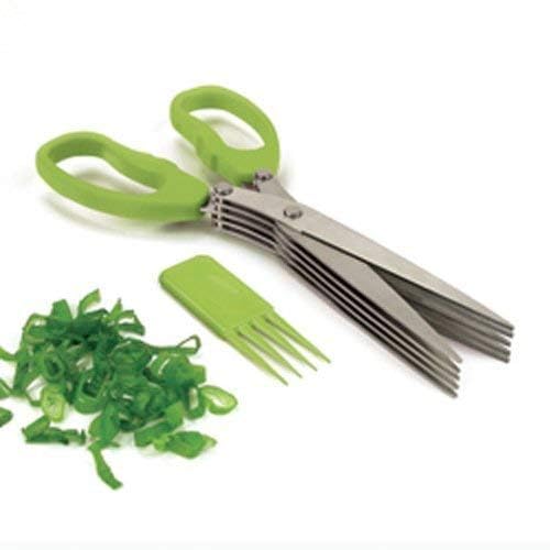5-in-1 Multi-Purpose Stainless Steel Kitchen Scissors - Herb Cutter, Vegetable Slicer, Spice Chopper with Cleaning Brush - Perfect for Meal Prep, Salad Making & Cooking Accessories (Pack of 1)