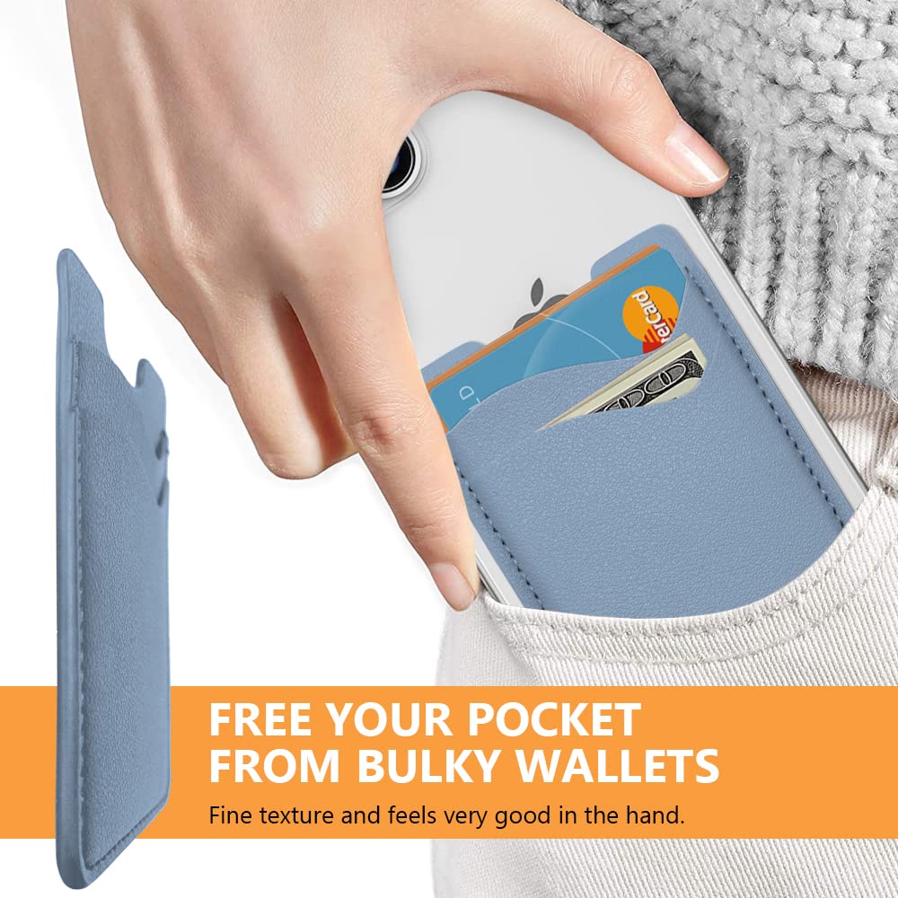 Stick On Phone Wallet - Leather Card Holder for iPhone & Samsung, Stretchy Credit Card Holder for Back of Phone, Compatible with Most Phone Cases (2 Pack, Blue) - Perfect for Travel, Shopping & Everyday Use
