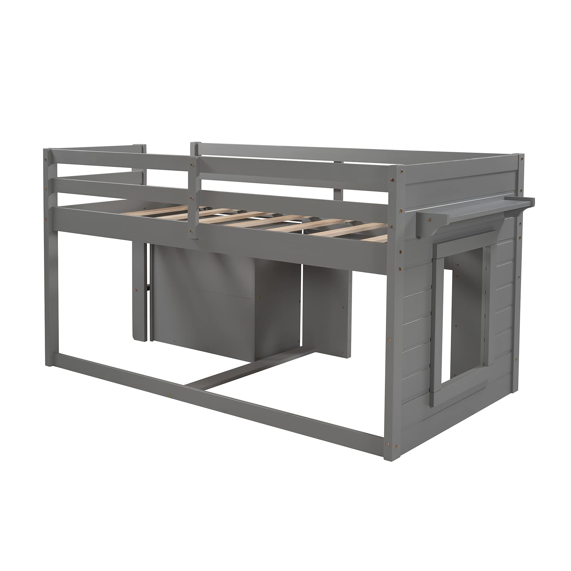 Harper & Bright Designs Low Loft Bed with Storage Drawers & Cabinet - Twin Size Wooden Loft Bed for Kids with Bedside Tray - Space-Saving Furniture for Small Bedrooms (Grey) - Perfect for Kids' Rooms, Dorms & Small Spaces