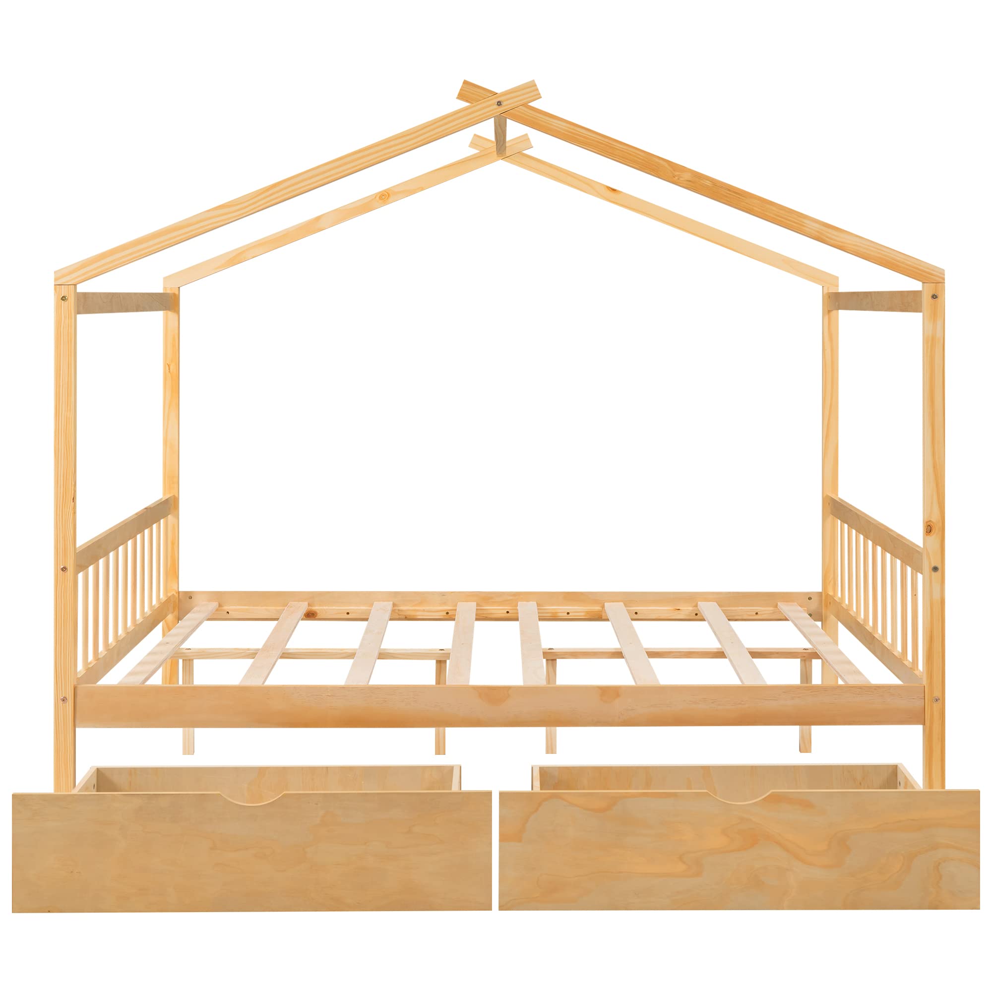 Wooden Full Size House Bed Frame with Storage for Kids - Girls & Boys Room Decor