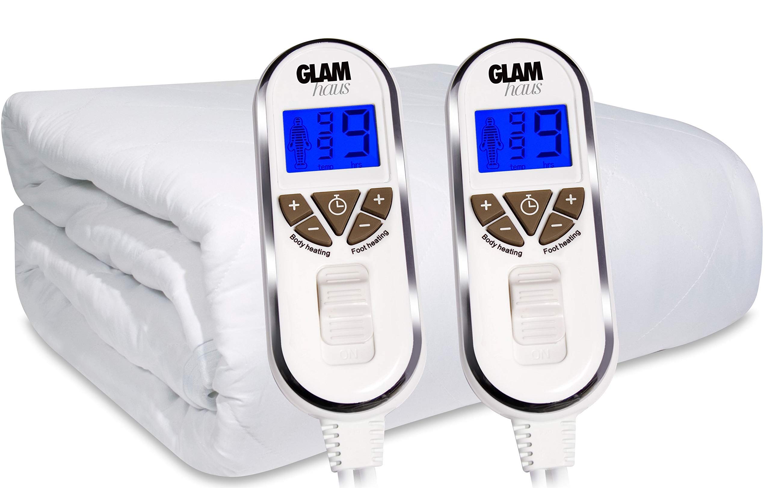 GlamHaus King Size Electric Blanket with Dual Control - Premium White Diamond Quilted Heated Mattress Pad with Elastic Skirt - 10 Heat & Timer Settings - Machine Washable - Perfect for Winter Warmth & Cozy Nights