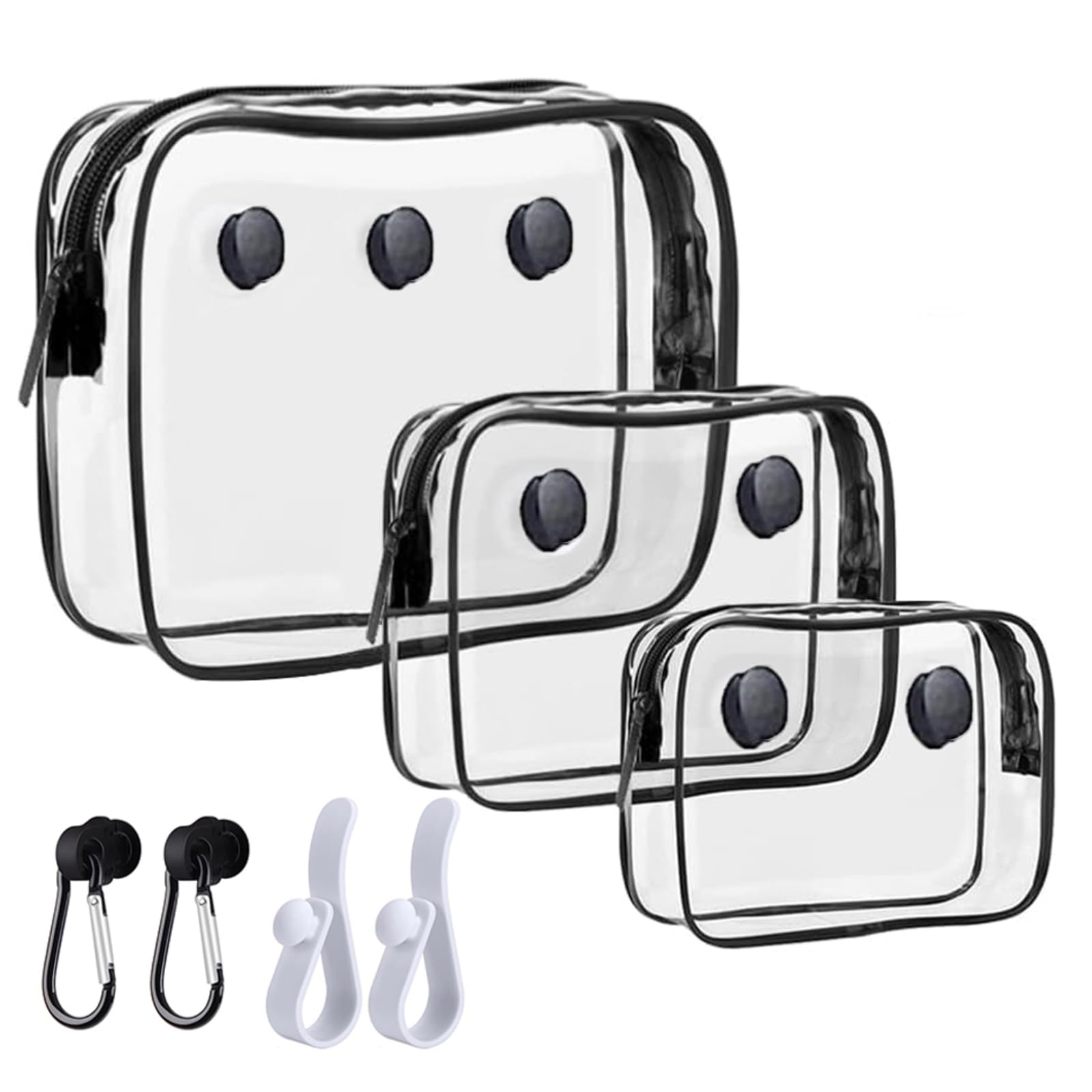 3 Pack Clear Beach Tote with Hooks - Travel & Cosmetic Organizer for Bogg Bags (Black)