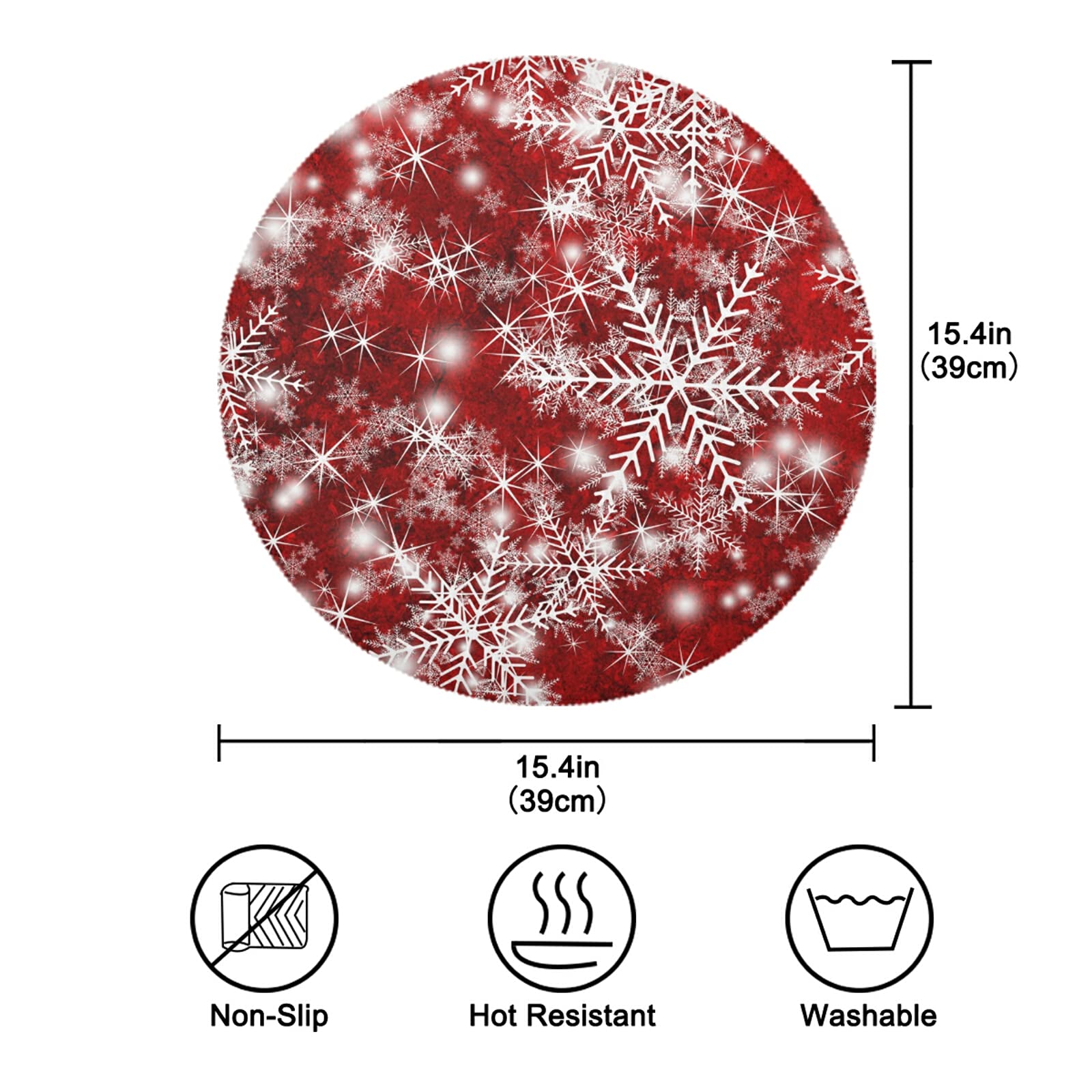 6-Pack Red Round Christmas Placemats with Snowflake Design - Washable Holiday Table Mats for Kitchen Dining, Party Decor & Festive Home Decor