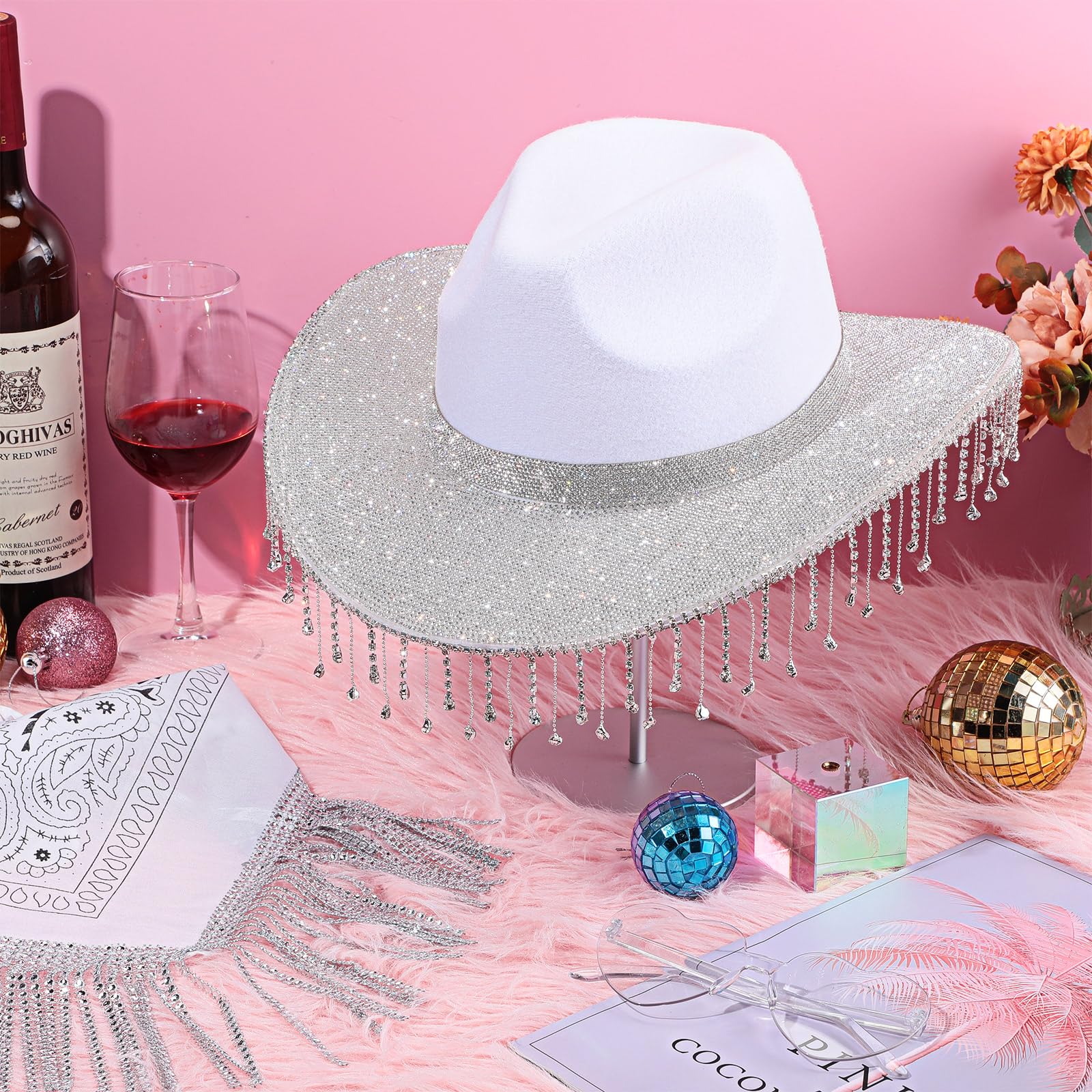 Sparkling Rhinestone Cowboy Hat with Glitter & Headscarf - Western Cowgirl Hat for Men & Women - Bling Cowboy Costume for Cosplay, Parties & Country Music Festivals