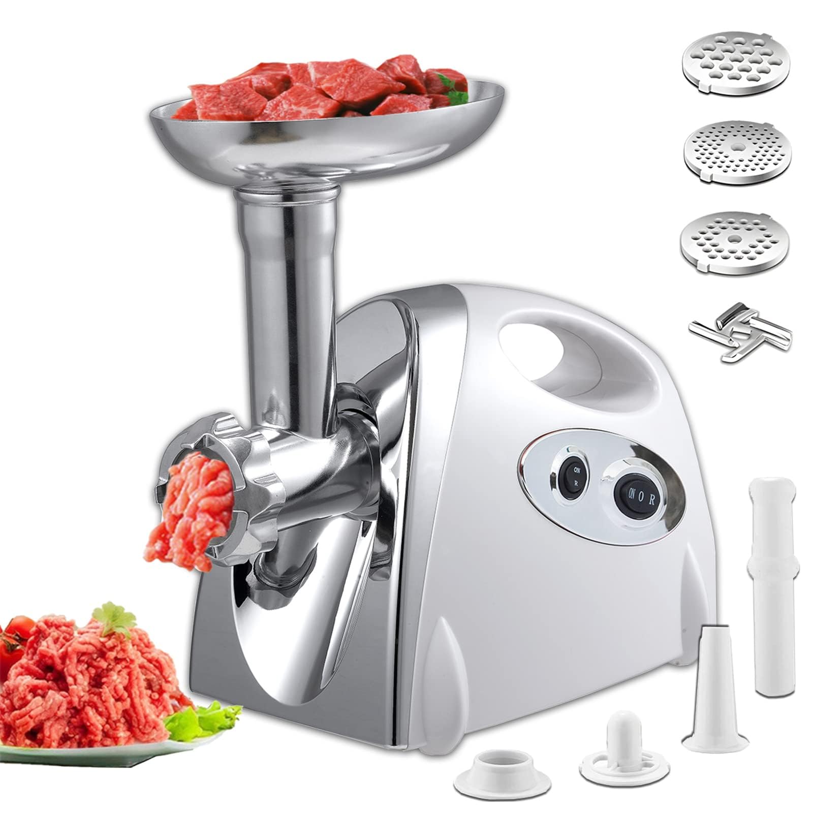 2800W Heavy Duty Electric Meat Grinder - Stainless Steel Sausage Maker & Mincer Machine with 3 Blades, Sausage Stuffer Tube & Kubbe Kit - Perfect for Home Kitchen, BBQ, Camping & Food Prep (White)
