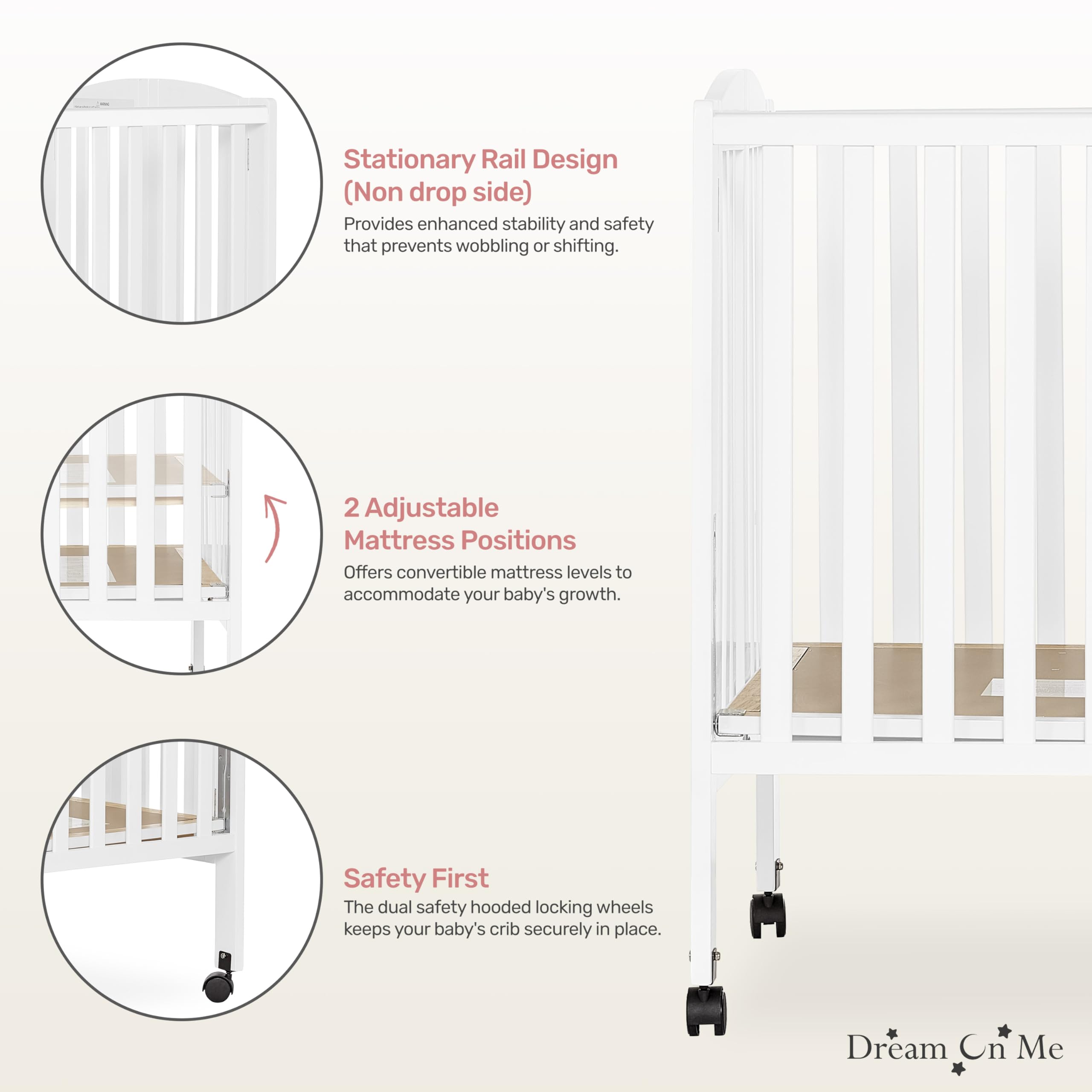 Dream On Me 2-in-1 Convertible Baby Crib - Full Size White Nursery Crib with Locking Wheels, Foldable Design for Space Saving Storage, Includes Teething Guard & Non-Toxic Finish - Perfect for Newborns, Toddlers & Small Bedrooms