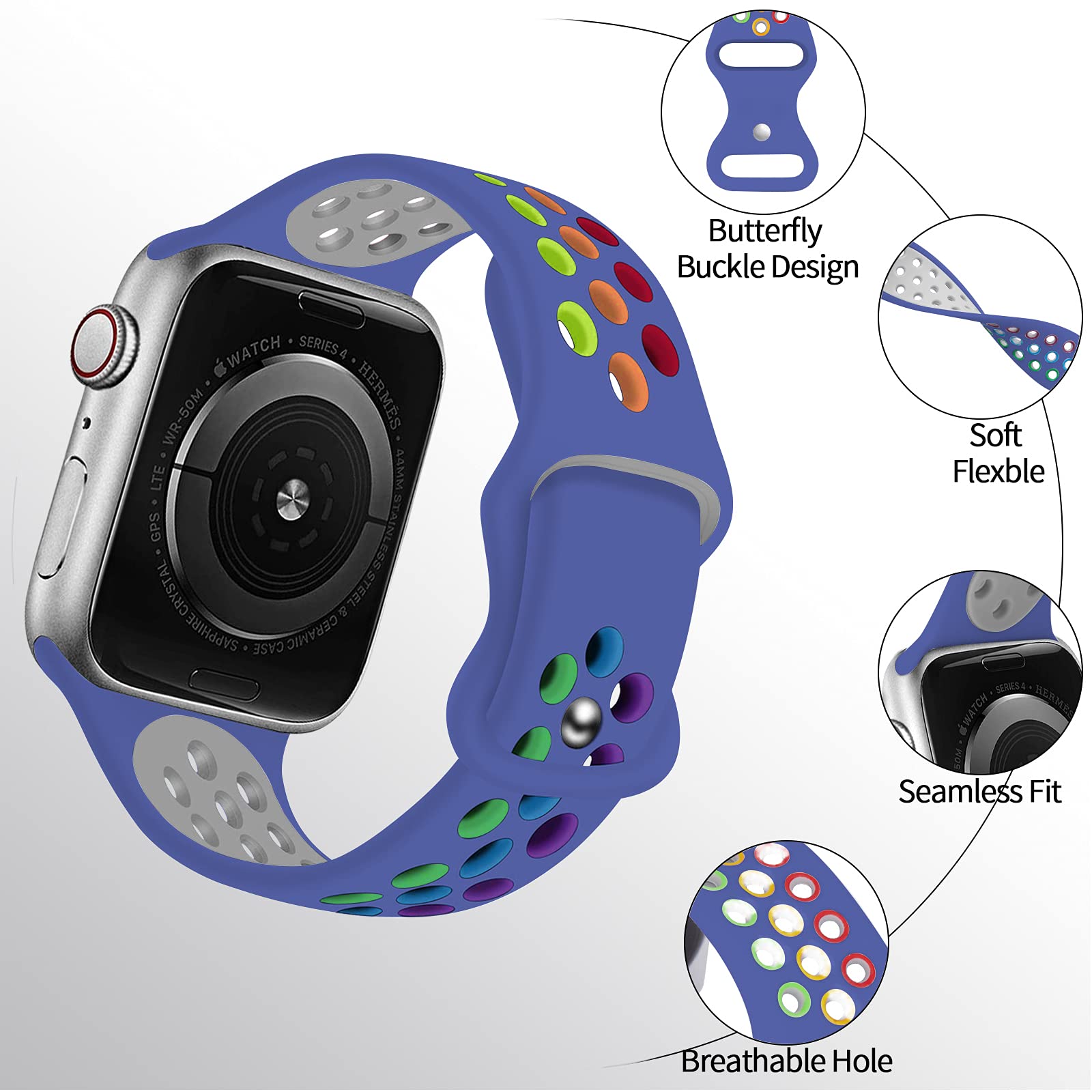 Rainbow Sport Silicone Apple Watch Bands - Compatible with 38mm/40mm/41mm/42mm/44mm/45mm/49mm iWatch SE & Series 9/8/7/6/5/4/3/2/1 - Soft Breathable Replacement Strap for Women & Men - Perfect for Running, Gym & Daily Wear