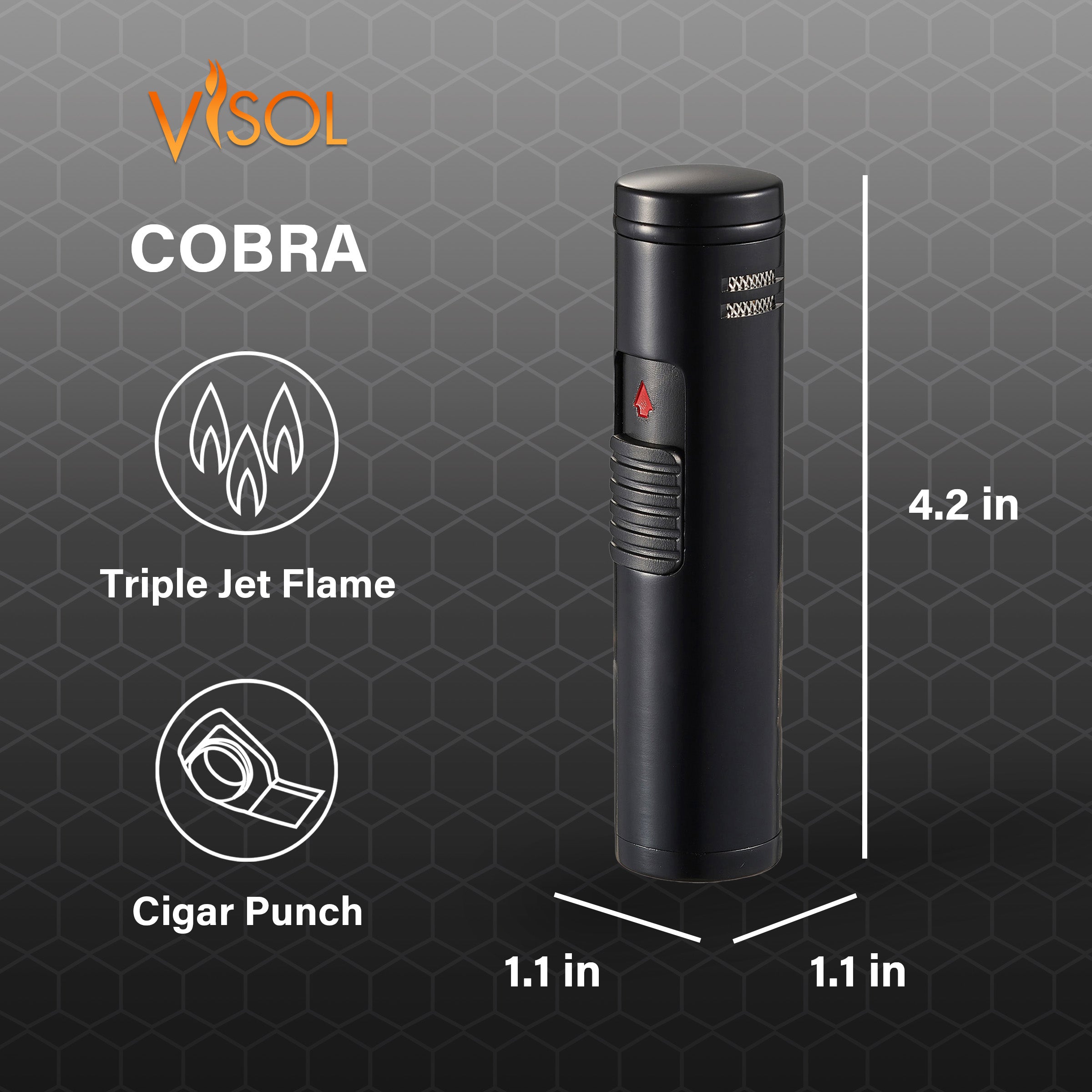 Visol Cobra Triple Flame Cigar Lighter - Windproof Butane Torch Lighter for Cigars, Cigarettes & Outdoor Use (Black) | Perfect for Smoking, Camping & BBQ