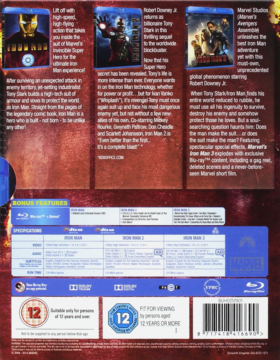 Iron Man Trilogy Blu-ray Collection - Iron Man, Iron Man 2 & Iron Man 3 Movies - Marvel Superhero Action Films - Perfect for Movie Nights & Marvel Fans Gift