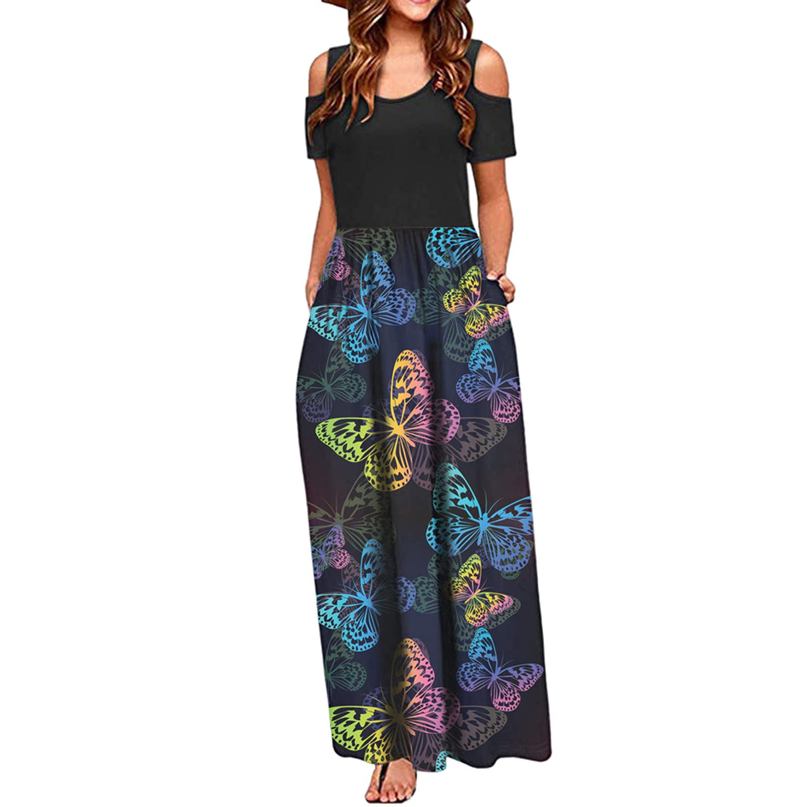 Elegant Floral Print Long Sleeve Maxi Dress for Women - Cold Shoulder Summer Sun Dress with Pockets & Ruched Top - Perfect for Beach Vacations, Date Nights & Casual Outings