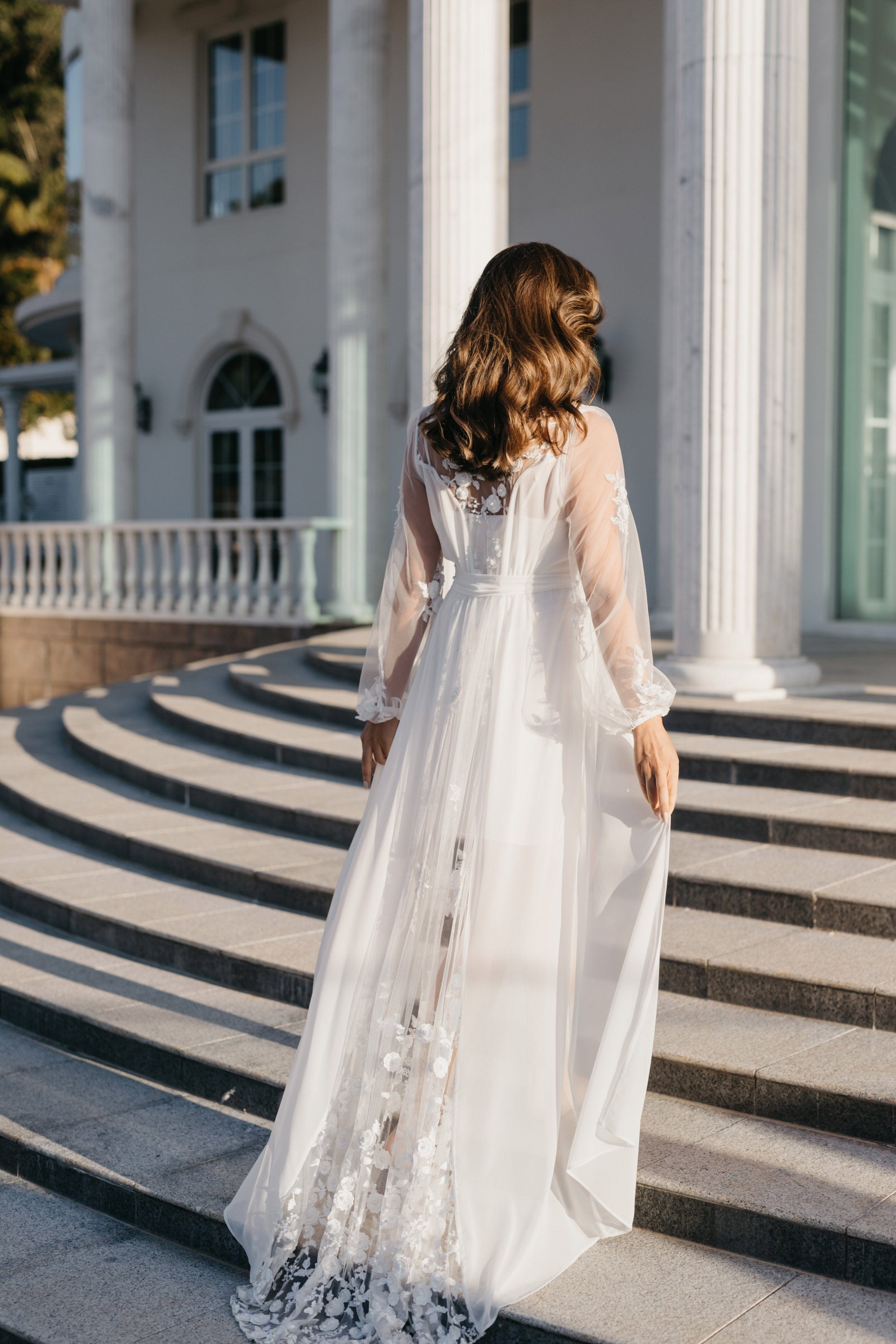 Amara Beaded Floral Lace Maxi Bridal Robe with Train & Slip - Elegant Wedding Gown for Bride, Bridesmaids & Photoshoots | Perfect for Ceremony, Reception & Honeymoon