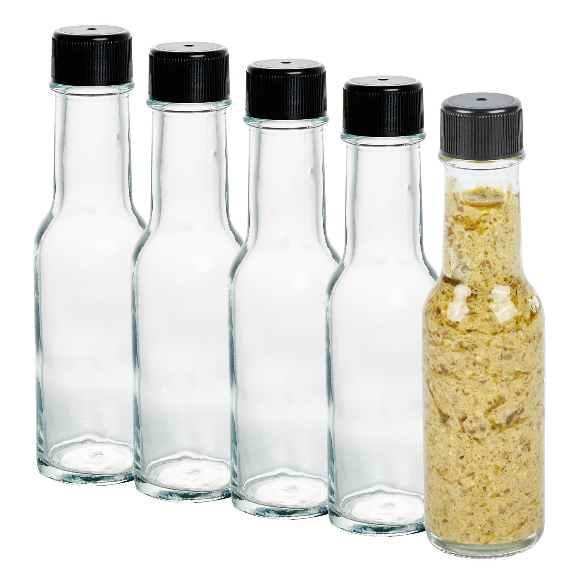 **Vetri 3 oz Clear Glass Woozy Bottles (10-Pack) with Black Caps – Dishwasher Safe & Durable Empty Sauce Bottles for Hot Sauce, BBQ, Salad Dressing, Oil, Tinctures – Perfect for Restaurants, Catering & Home Kitchens**