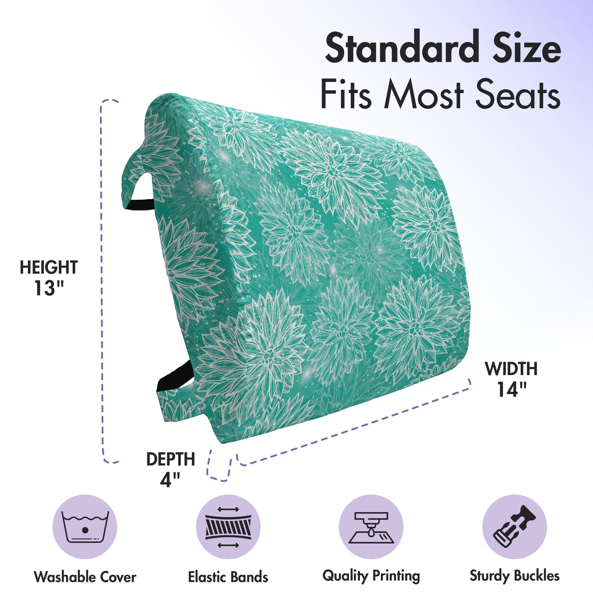 Ambesonne Dahlia Flower Lumbar Support Pillow - High Density Foam for Office Chairs & Car Seats - 14x13 Inch White Teal - Mother Earth Peony Design - Perfect for Home Office, Travel & Back Pain Relief