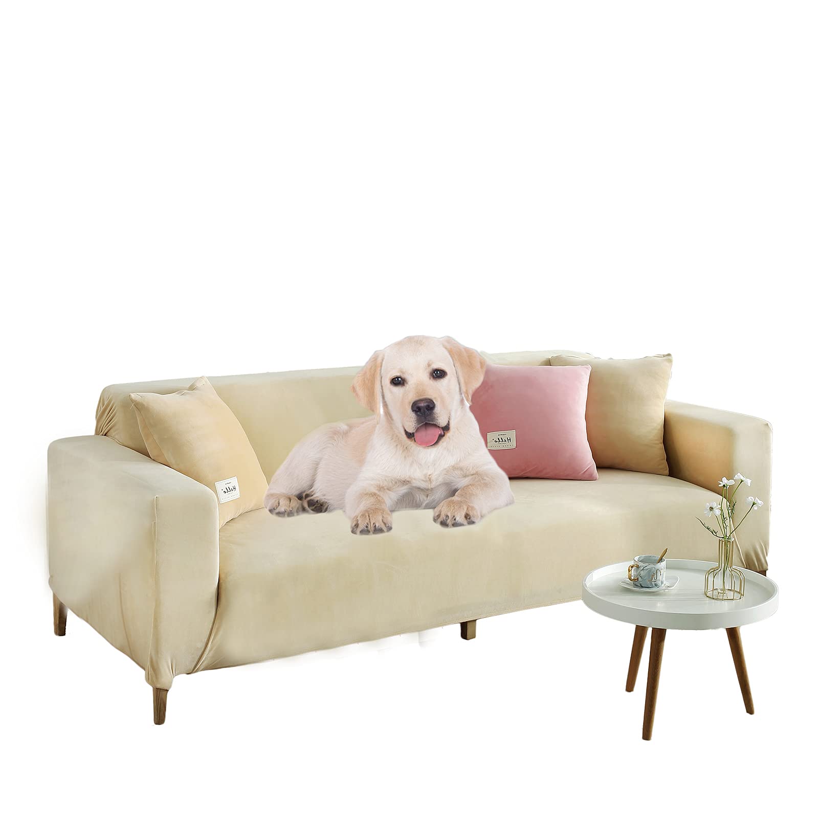 Velvet Stretch Sofa Cover for 3 Cushion Couch - Soft Plush Recliner Chair Cover Protector (Beige, 75-91in) - Perfect for Living Room, Bedroom & Home Decor Protection
