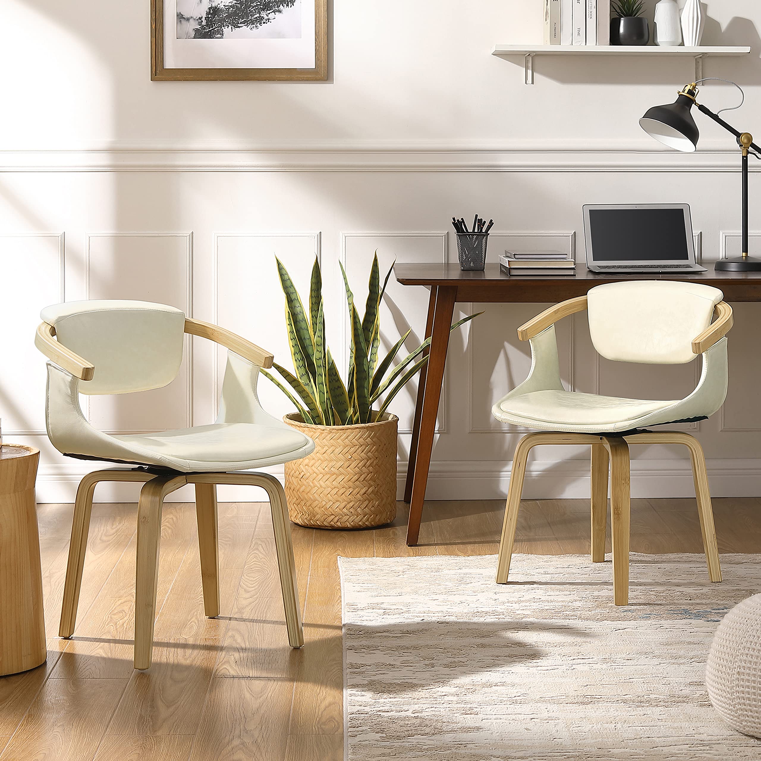 Art Leon Mid Century Modern Swivel Dining Chairs Set of 2 - Faux Leather Kitchen & Dining Room Arm Chairs, Sturdy Desk Chairs Without Wheels in Off White - Perfect for Home Office, Breakfast Nook & Small Space Dining