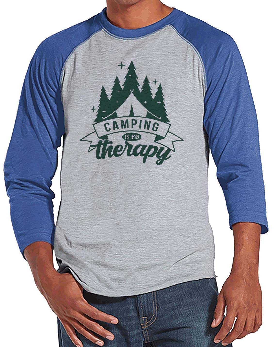 7 ate 9 Apparel Men's Camping Therapy Tent Raglan Blue T-Shirt - Comfortable Outdoor Tee for Hiking, Backpacking & Nature Adventures