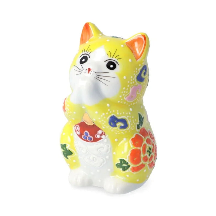 Authentic Kutani Yaki Japanese Maneki Neko Lucky Cat Figurine - Yellow Beckoning Cat for Good Fortune & Prosperity | Perfect for Home Decor, Office Feng Shui & Gift Giving