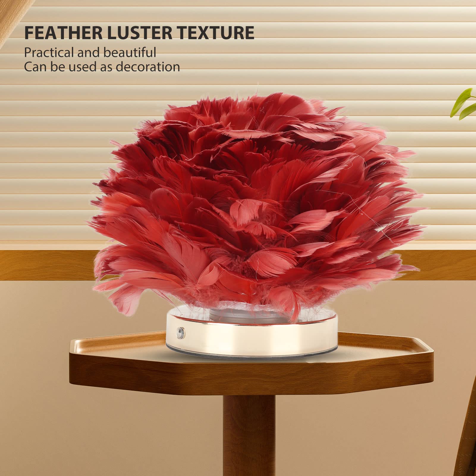 BEIJIALY Feather Table Lamp - USB Charging, Touch Control, Stepless Dimming LED Night Light for Bedroom, Living Room, Cafe & Office (Burgundy) - Perfect for Reading, Relaxing & Creating Cozy Ambiance