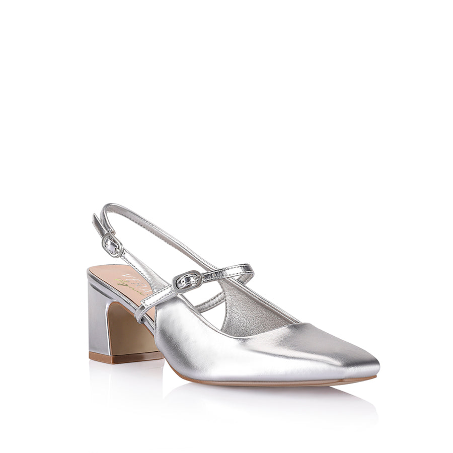 Lolita Slingback Block Heels - Silver Metallic Chunky Heel Shoes for Women | Vintage Retro Party Pumps for Cosplay, Weddings & Special Occasions