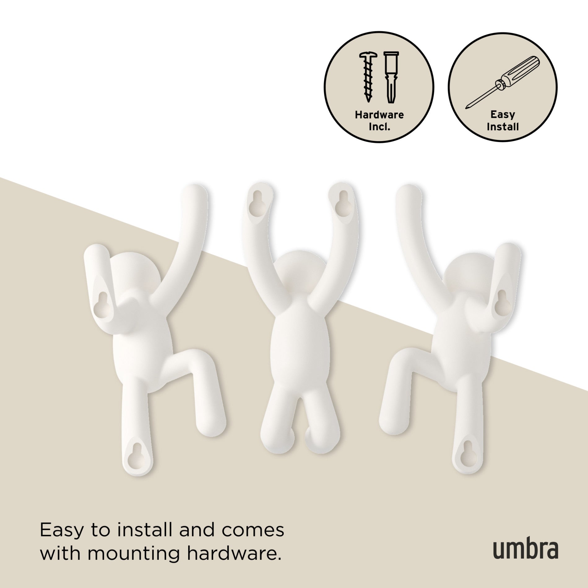 Buddy Wall Hooks Set of 3 - Heavy Duty Adhesive Hooks for Hanging Coats, Hats & Keys - Perfect for Home, Office & Dorm Organization