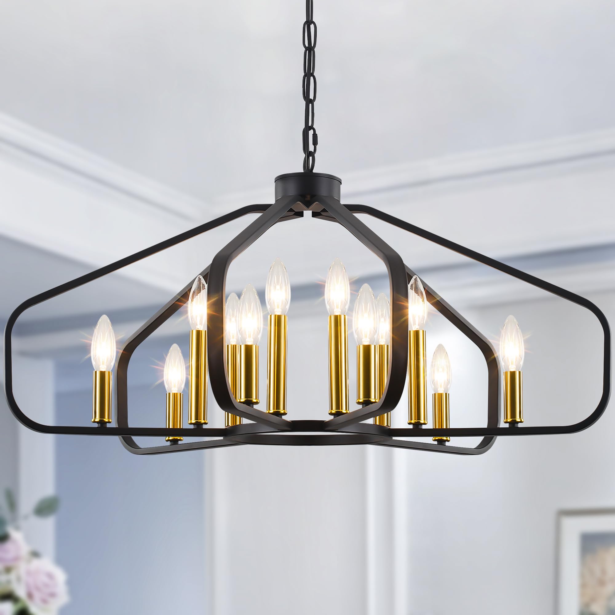 32.28'' Large Black and Gold Modern Farmhouse Cage Chandelier - 12-Light Dining Room Lighting Fixture for Living Room, Bedroom, Kitchen, Entryway & Foyer | Perfect for Rustic Home Decor & Wedding Venue Lighting