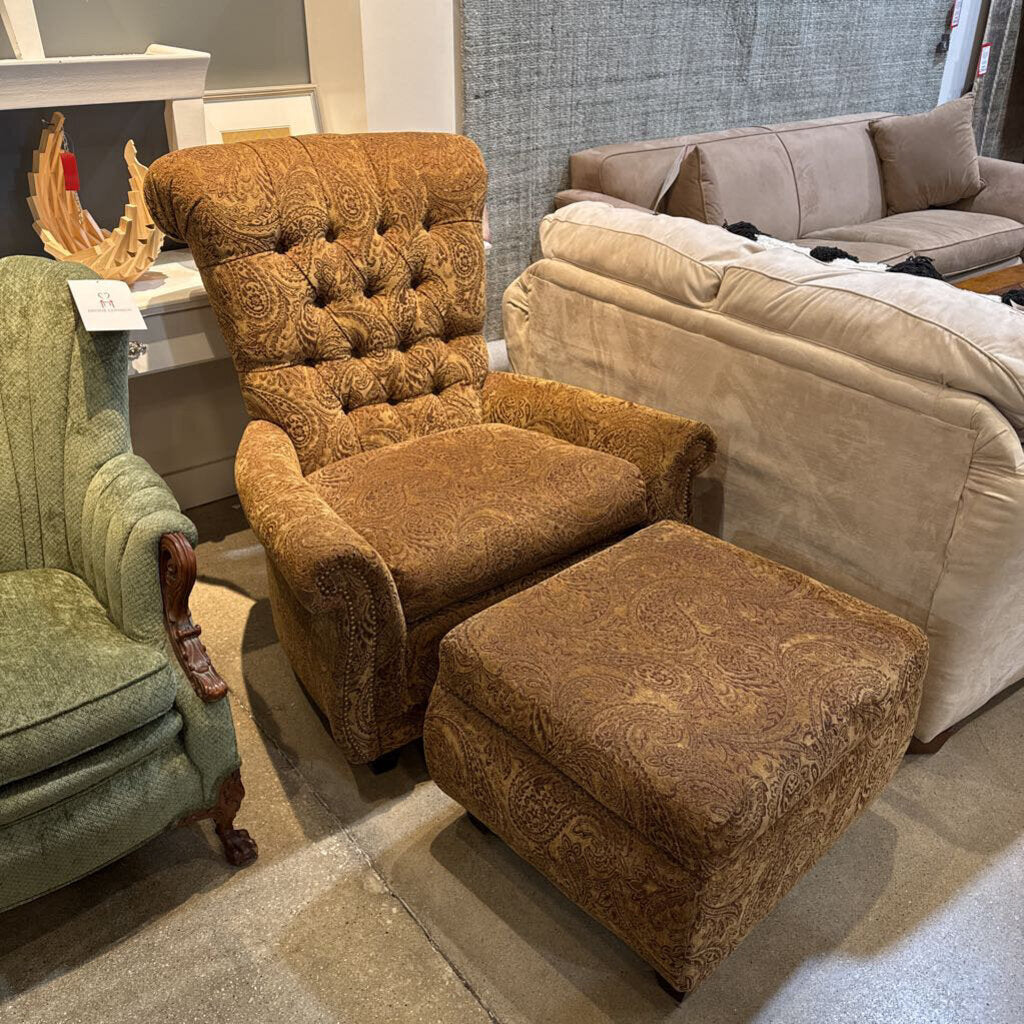 Pembrook Furniture Paisley Chenille Tufted Roll Back Armchair with Ottoman - 35