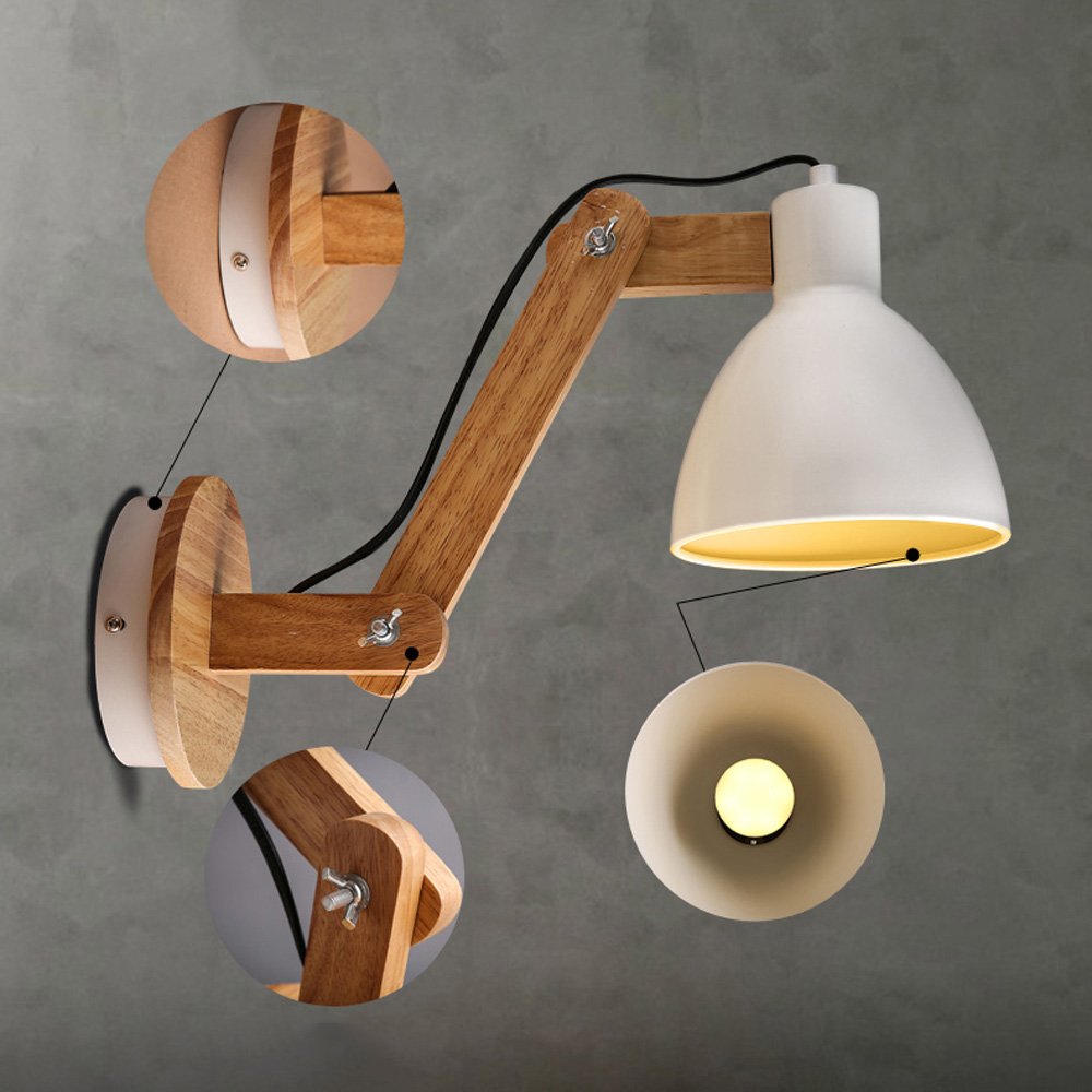 Modern Adjustable Wood Swing Arm Wall Light with White Metal Shade - Retro Wall Sconce for Cafe, Bar, Corridor & Reading - Wall Mounted Lighting Fixture for Home & Office Decor